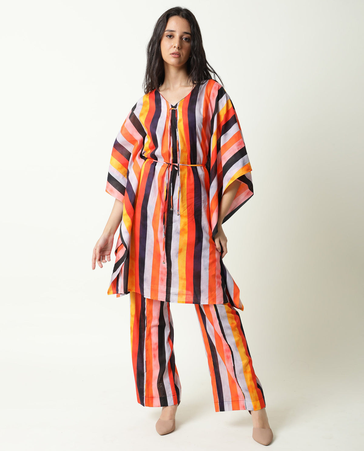 Rareism Women Fact Multi Abstract V Neck Tie Up At Neck And Waist Kaftan Knee Length Dress