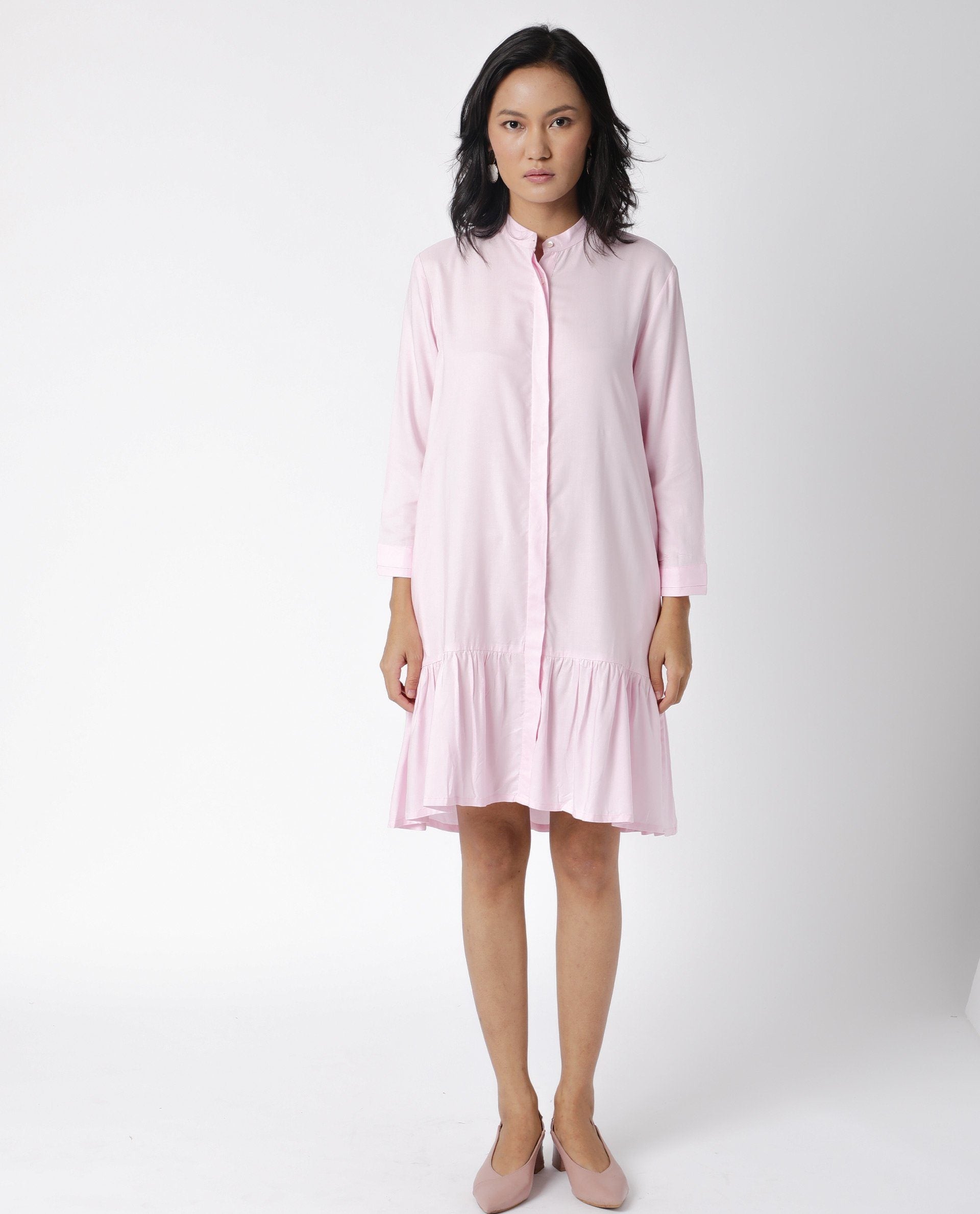 Rareism Women Insert Pink Mandarin Collar 3/4 Sleeves Front Full Button Closure Placket Tiered Knee Length Dress