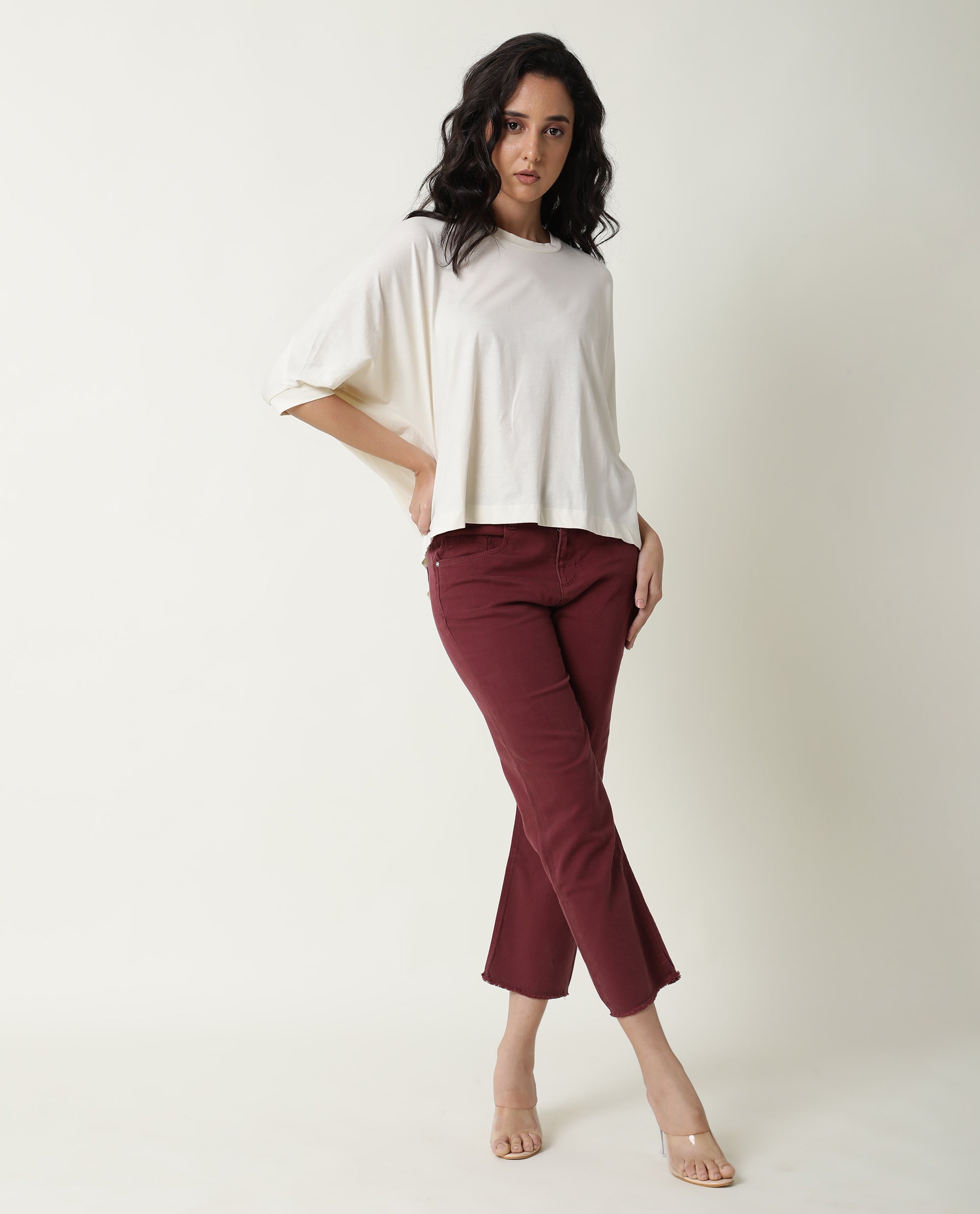Rareism Women Osmo Off White Cotton Fabric Relaxed Fit Round Neck 3/4Th Sleeves Solid Top