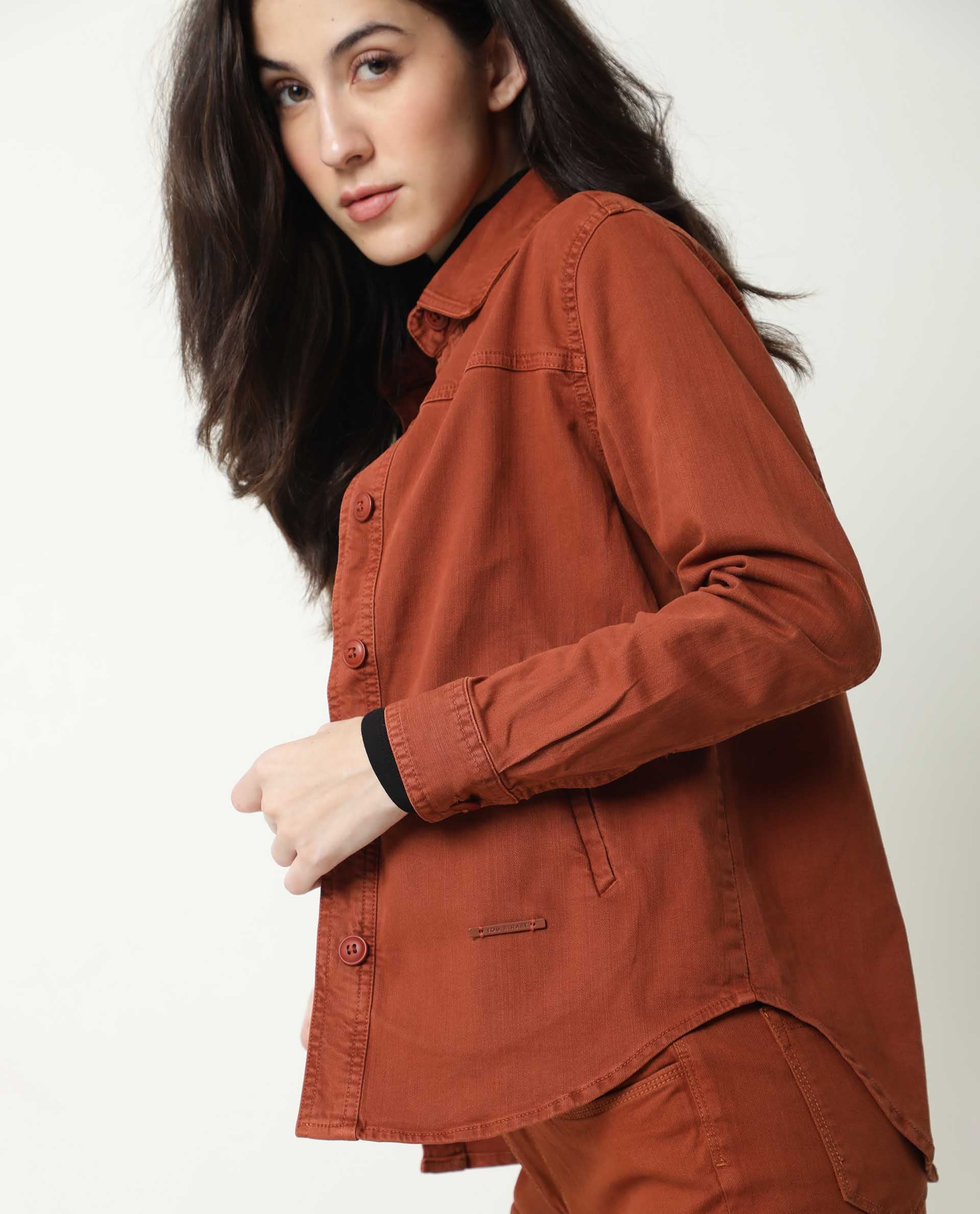 Rareism Women Mission Rust Cotton Lycra Fabric Full Sleeves Solid Shirt Collar Jacket