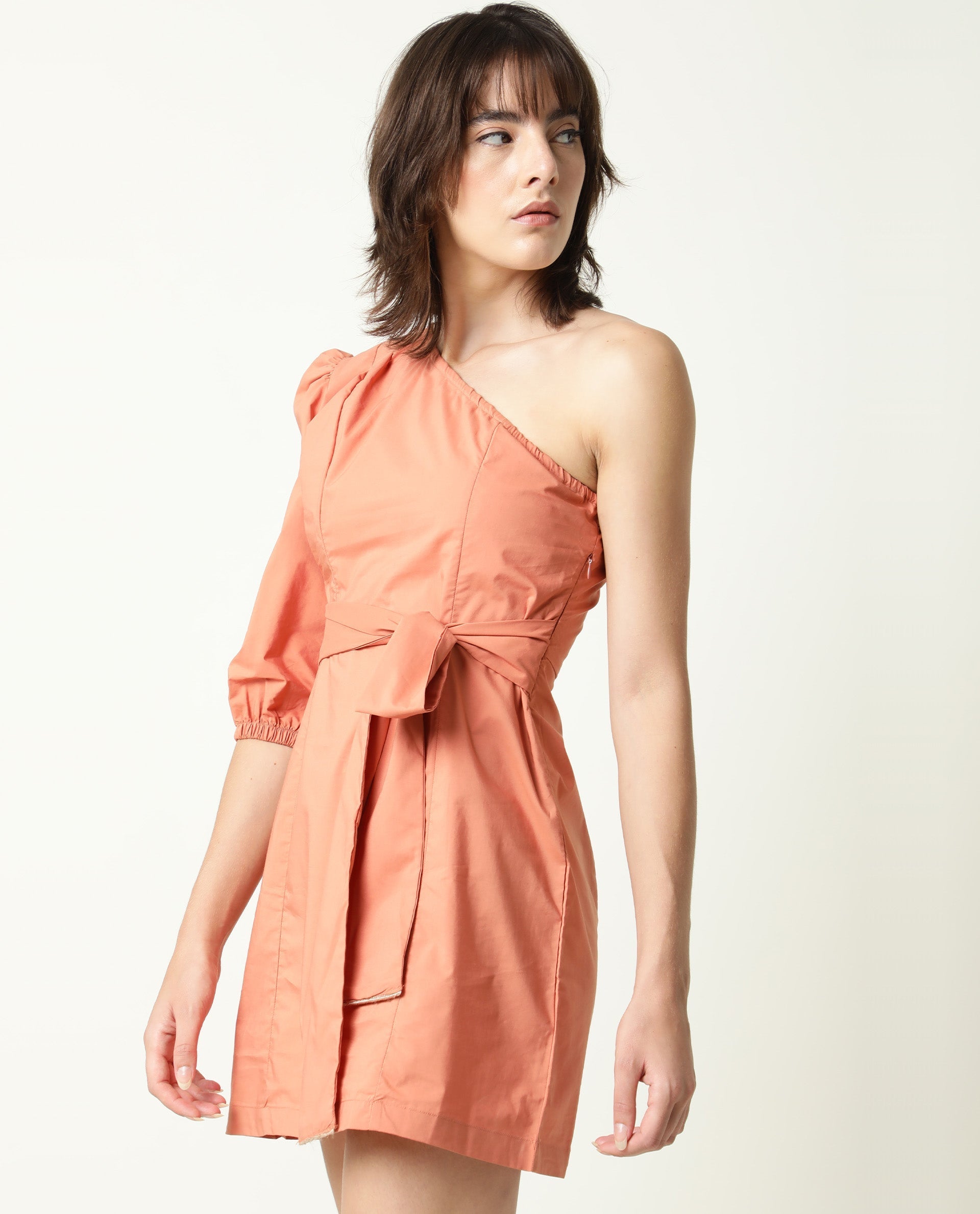 Rareism Women's Floris Peach Polyester Blend One Shoulder Plain Puff Sleeves Knee Length Slim Fit Dress