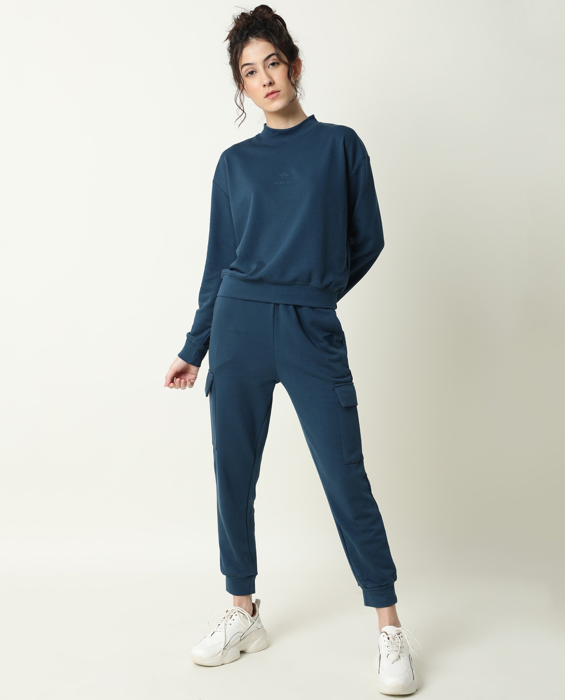 Rareism Women Necker Petrol Relaxed Fit Full Sleeves Solid High Neck Sweatshirt