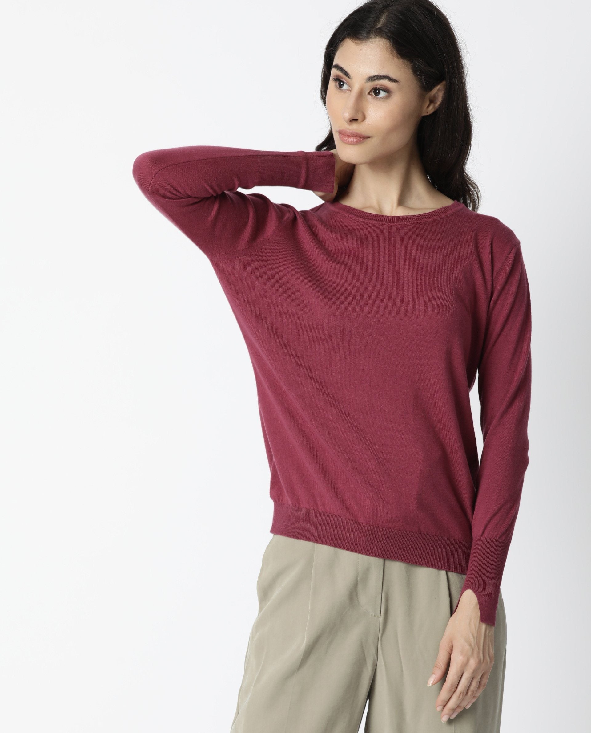 Rareism Women Plum Pink Cotton Fabric Full Sleeves Regular Fit Solid Boat Neck Sweater