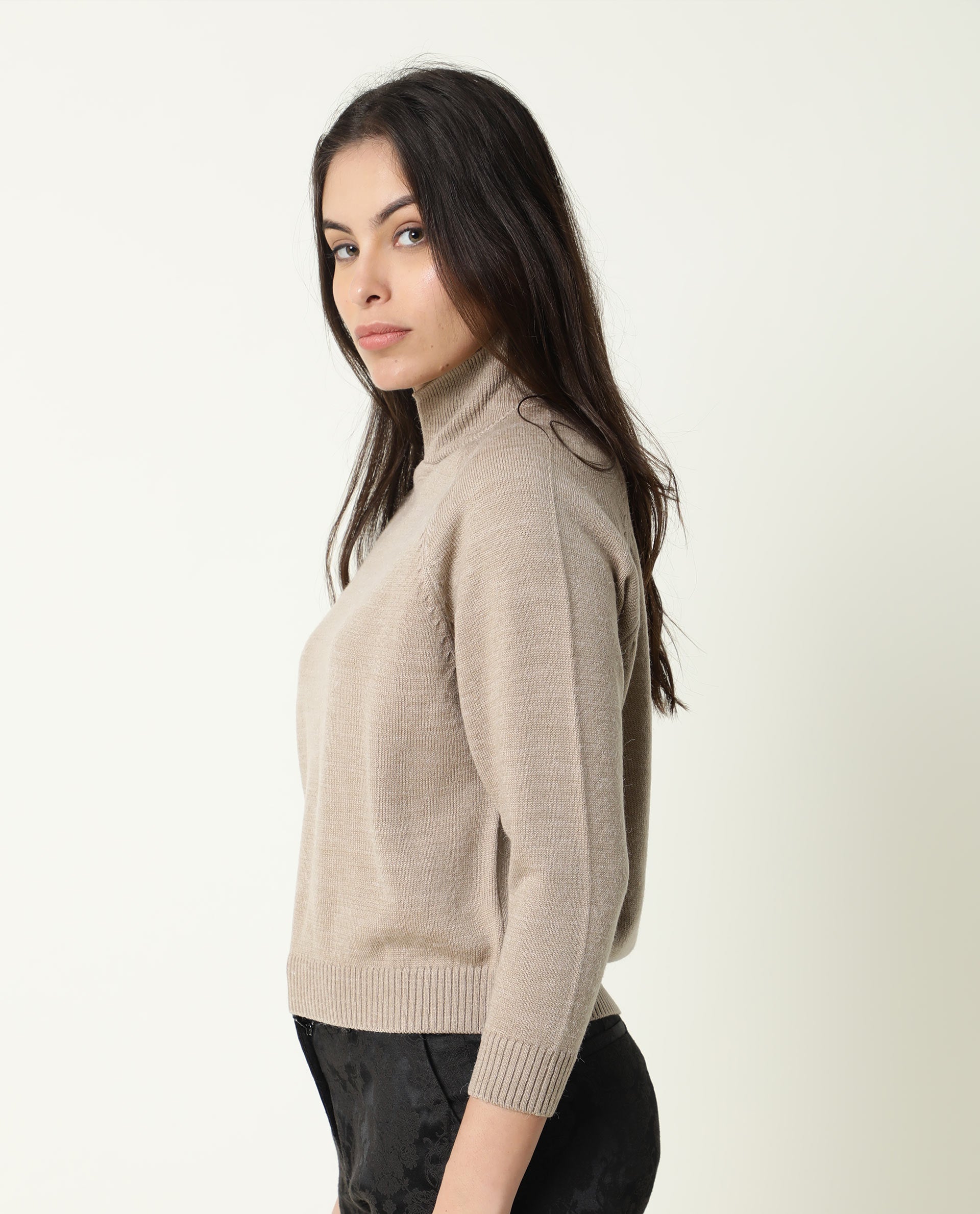 Rareism Women Polish Light Beige Acrylic Fabric Full Sleeves Knee Length Regular Fit Solid Shirt Collar Sweater