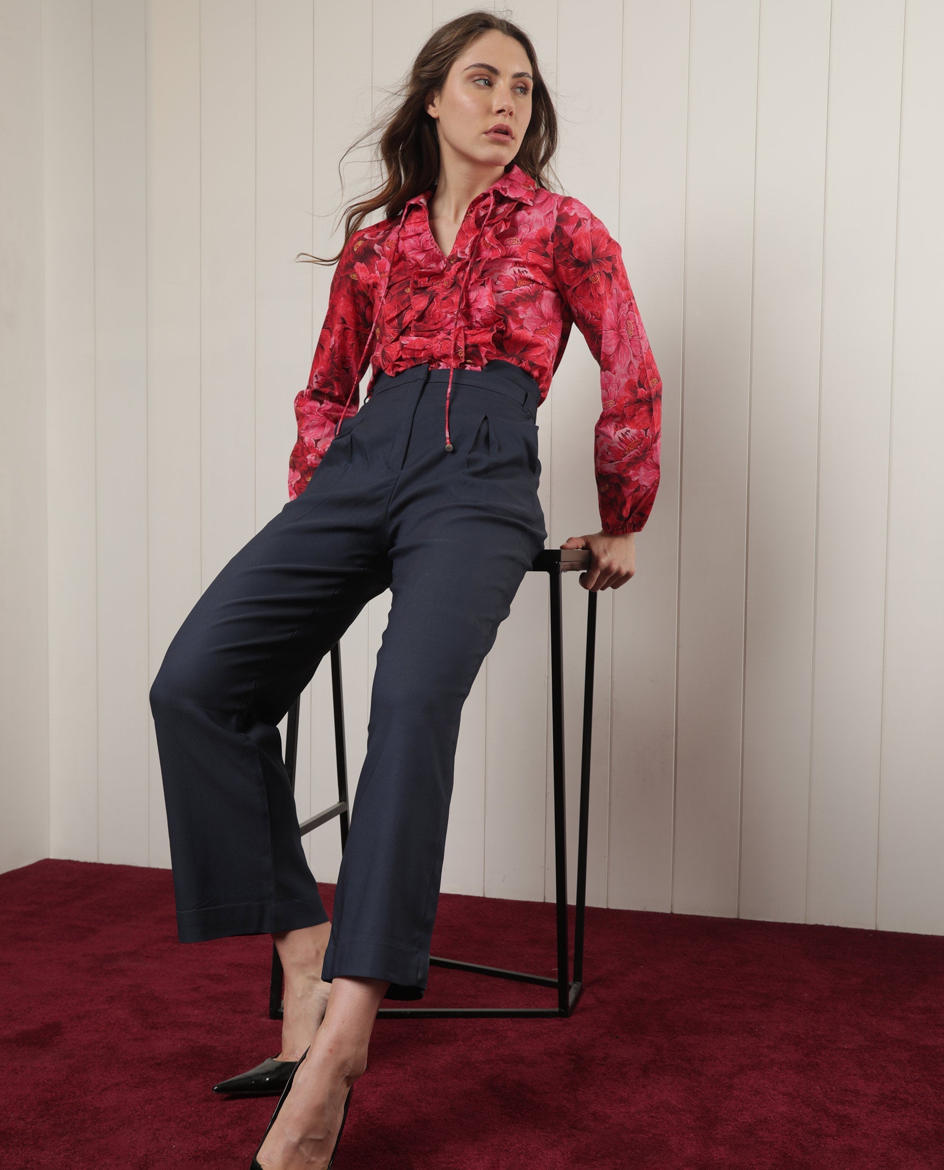 Rareism Women Evanova Navy Viscose Fabric Tailored Fit High Rise Solid Ankle Length Trousers