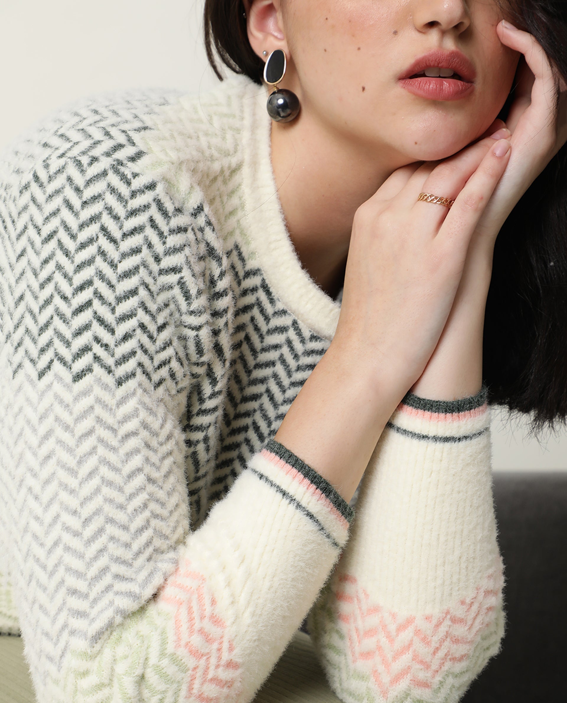 Rareism Women Herring Off White Nylon Fabric Full Sleeves Knee Length Regular Fit Color Blocked Round Neck Sweater