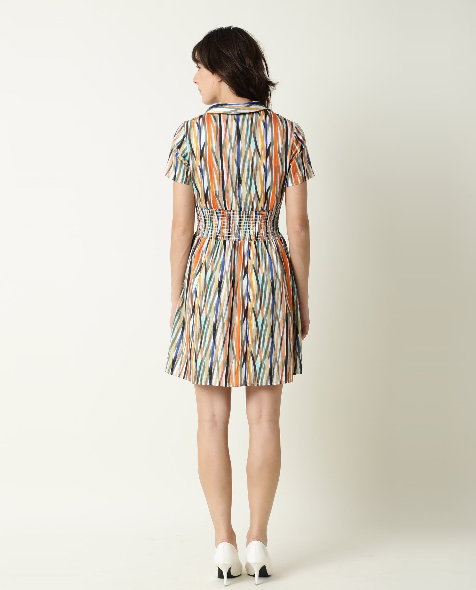 Rareism Women's Shallom Multi V-Neck Abstract Print Knee Length Regular Fit Dress