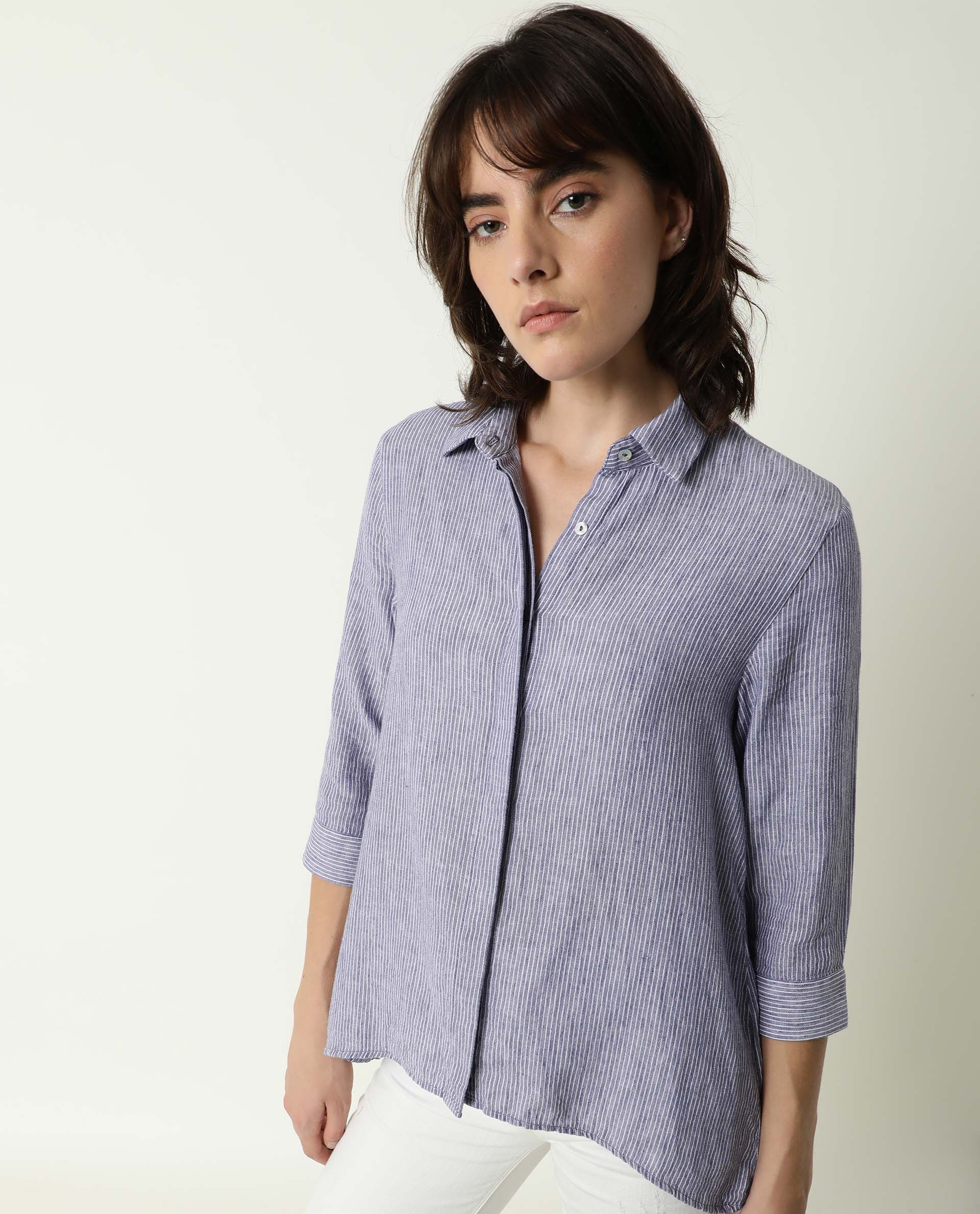 Rareism Womens Stellio Blue Top Cotton Linen Fabric 3/4 Sleeve Collared Neck