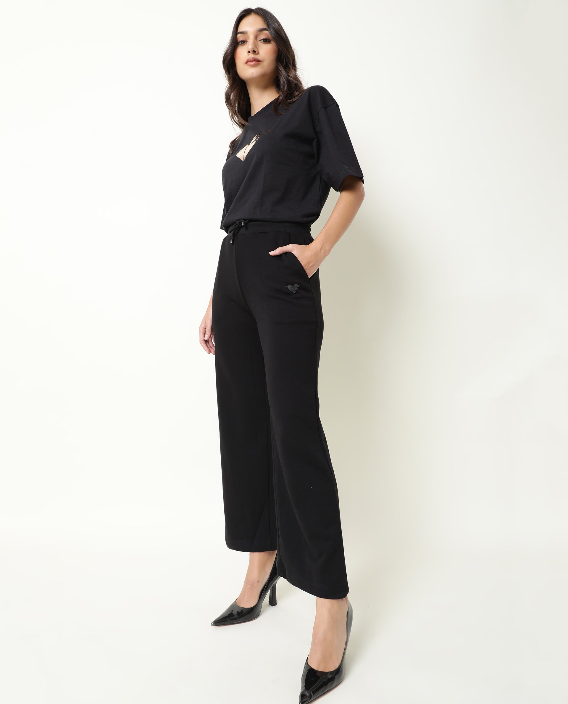 Rareism Women Pazo-1 Black Poly Cotton Fabric Relaxed Fit Solid Mid Rise Ankle Length Track Pant