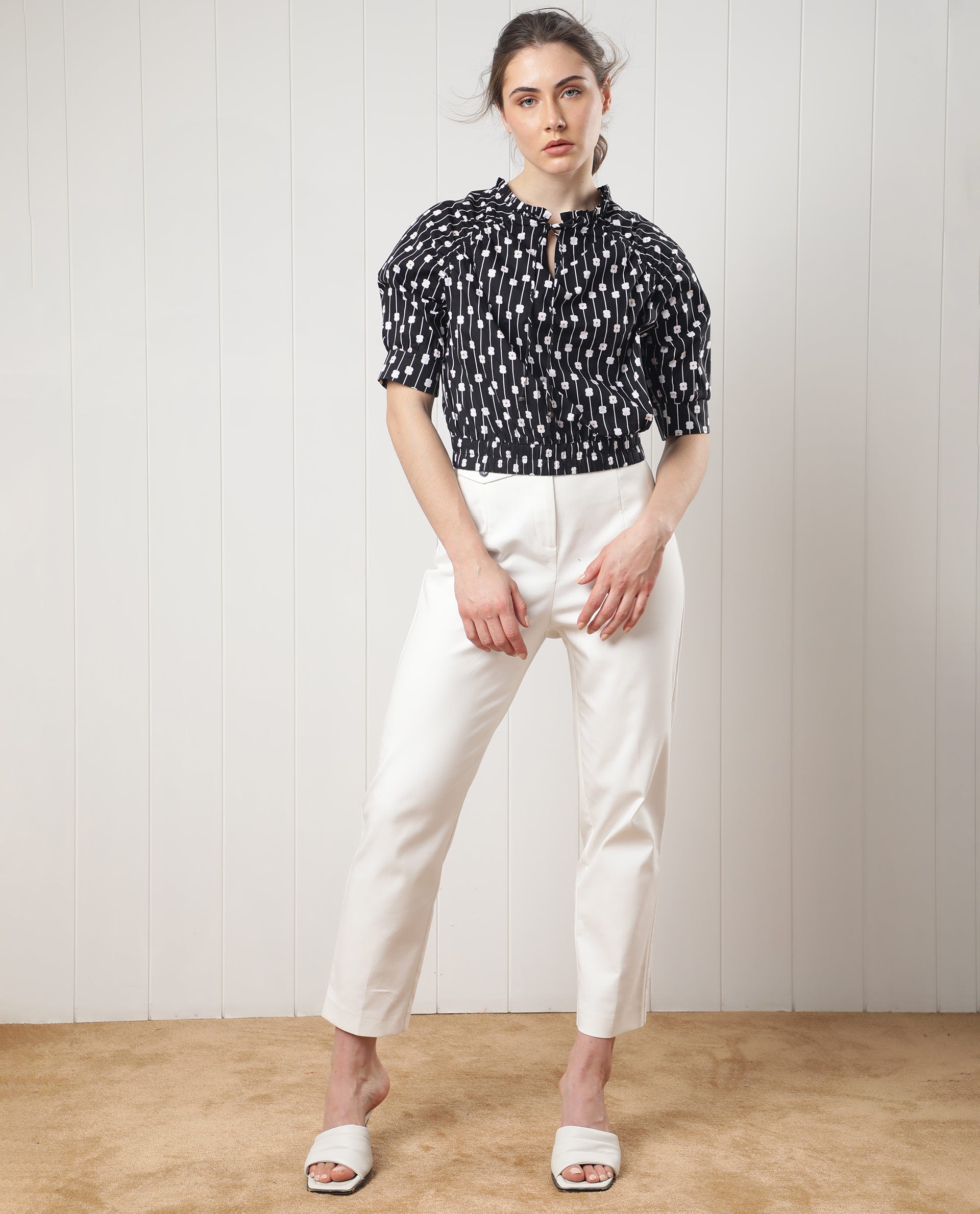Rareism Women's Jack Black Cotton Tie-Up Neck Floral Print Volume Sleeve Relaxed Fit Top