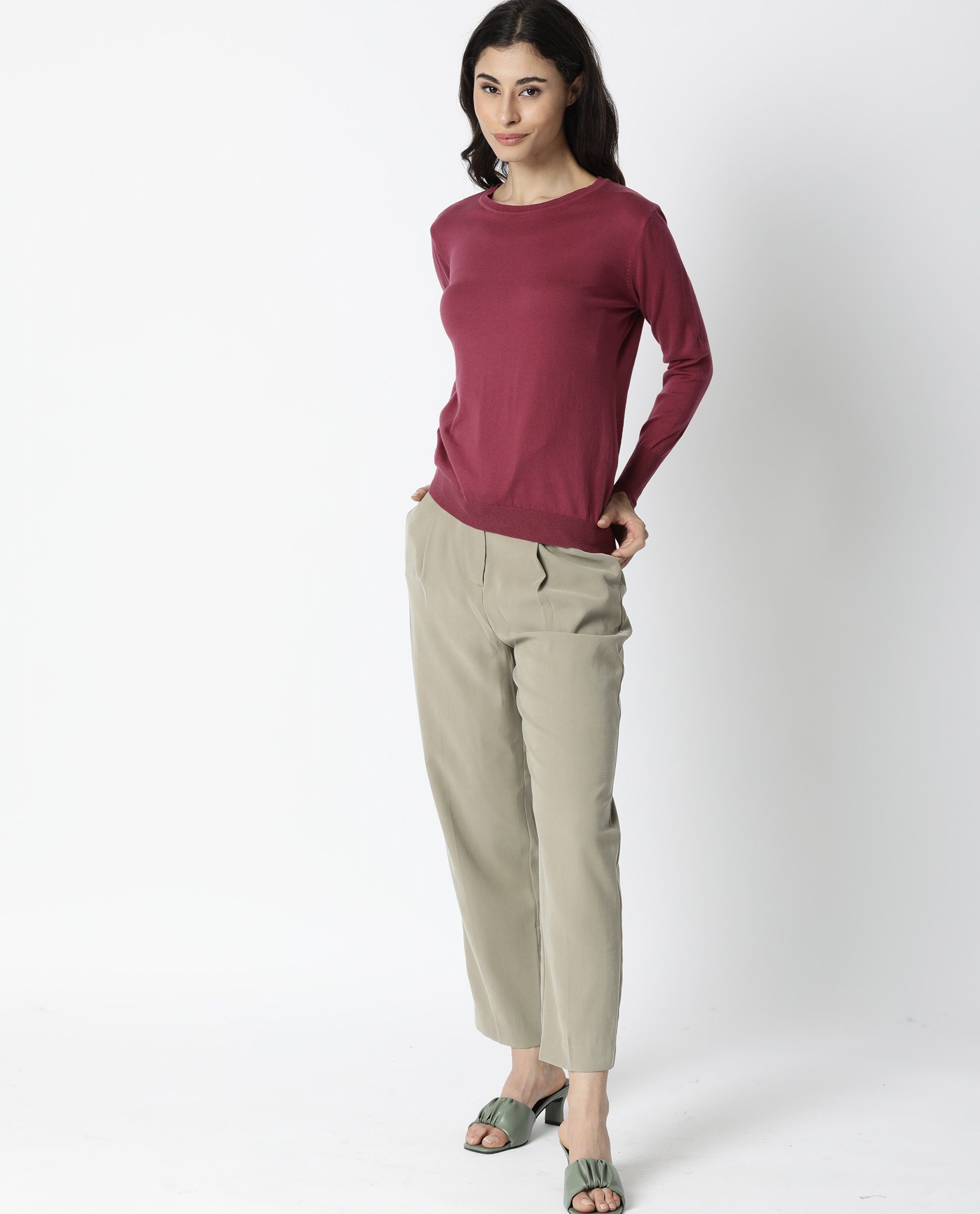 Rareism Women Plum Pink Cotton Fabric Full Sleeves Regular Fit Solid Boat Neck Sweater