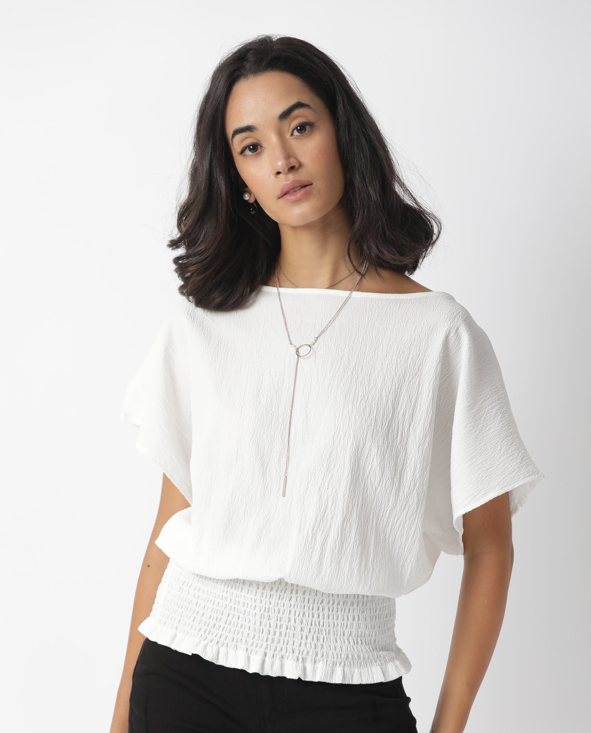 Rareism Women's Battle White Boat Neck Plain Tailored Top
