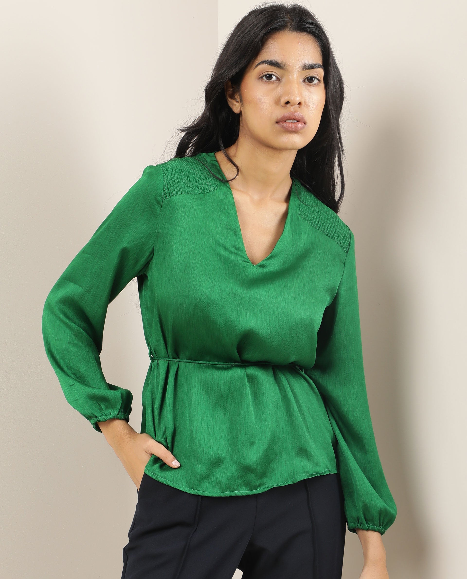 Rareism Womens Dronite Green Top Polyester Fabric Full Sleeve V Neck