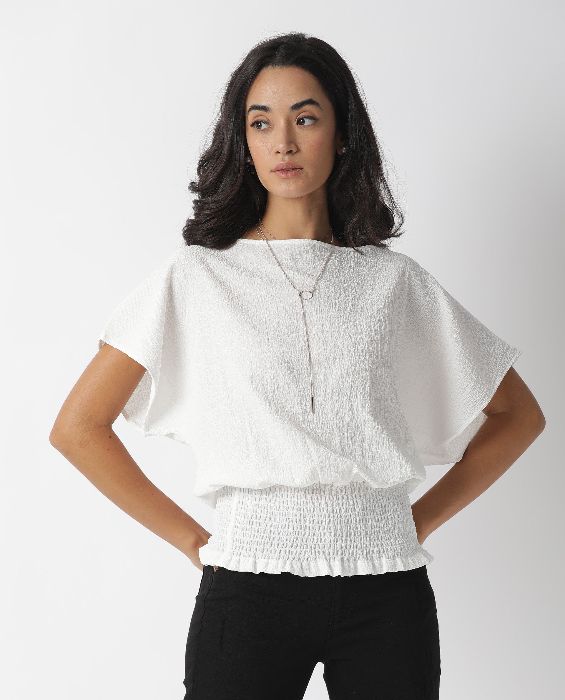 Rareism Womens Battle White Top Viscose Fabric Regular Fit Puff Sleeves Round Neck