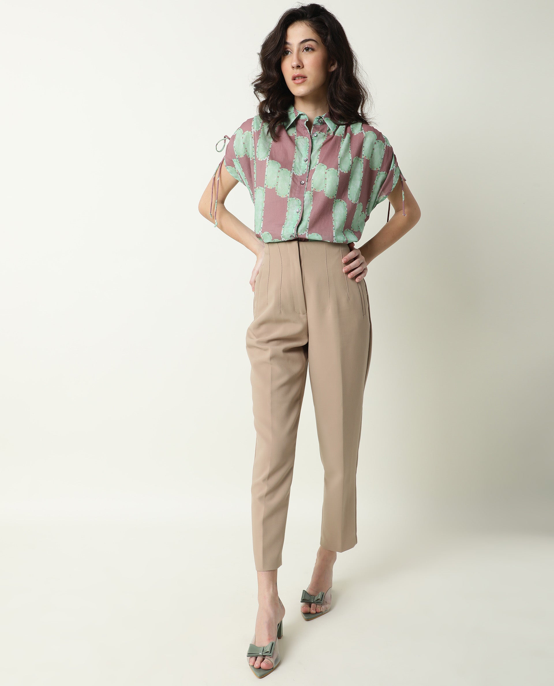 Rareism Women's Hudson Pink Spread Collar Geometric Print Knee Length Relaxed Fit Top