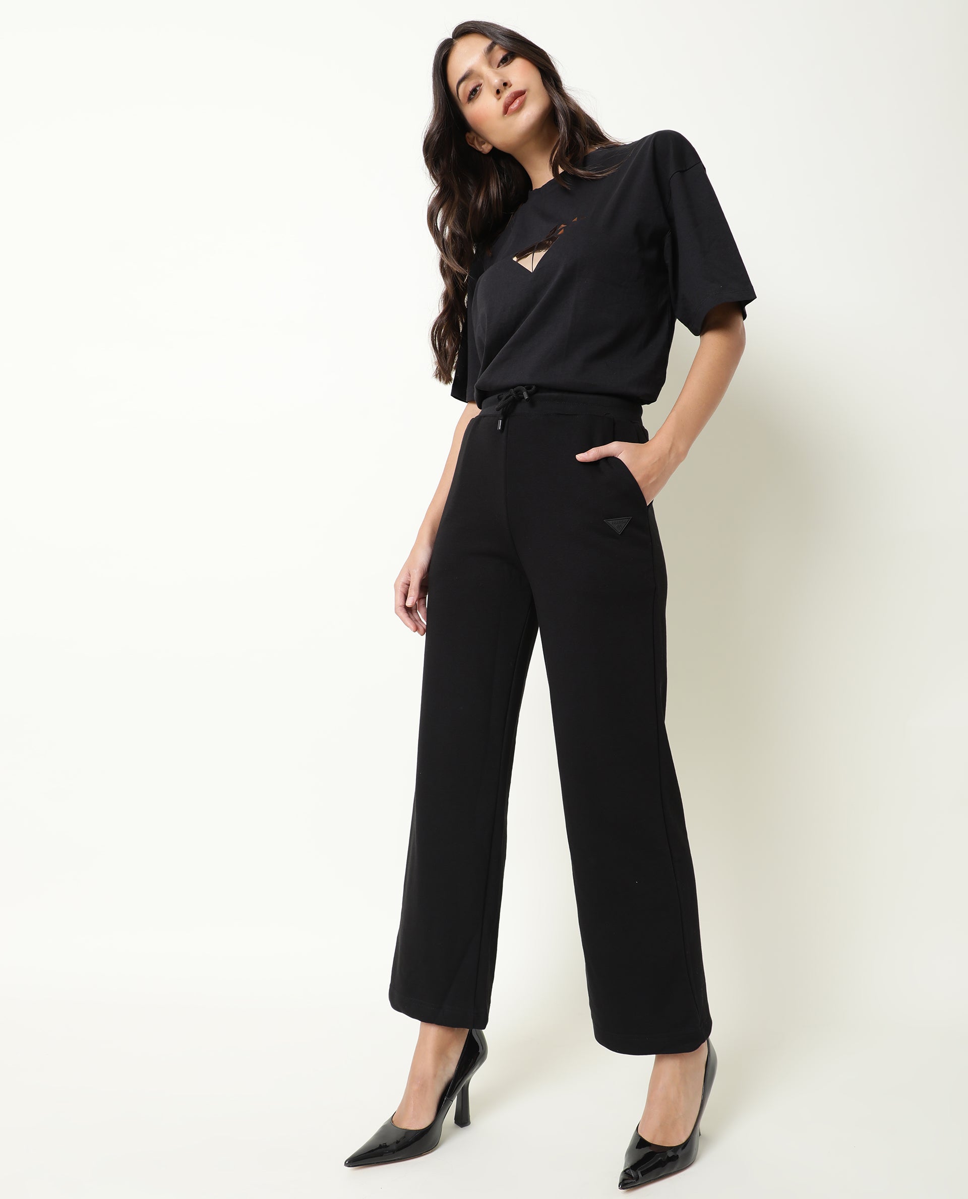Rareism Women Pazo-1 Black Poly Cotton Fabric Relaxed Fit Solid Mid Rise Ankle Length Track Pant
