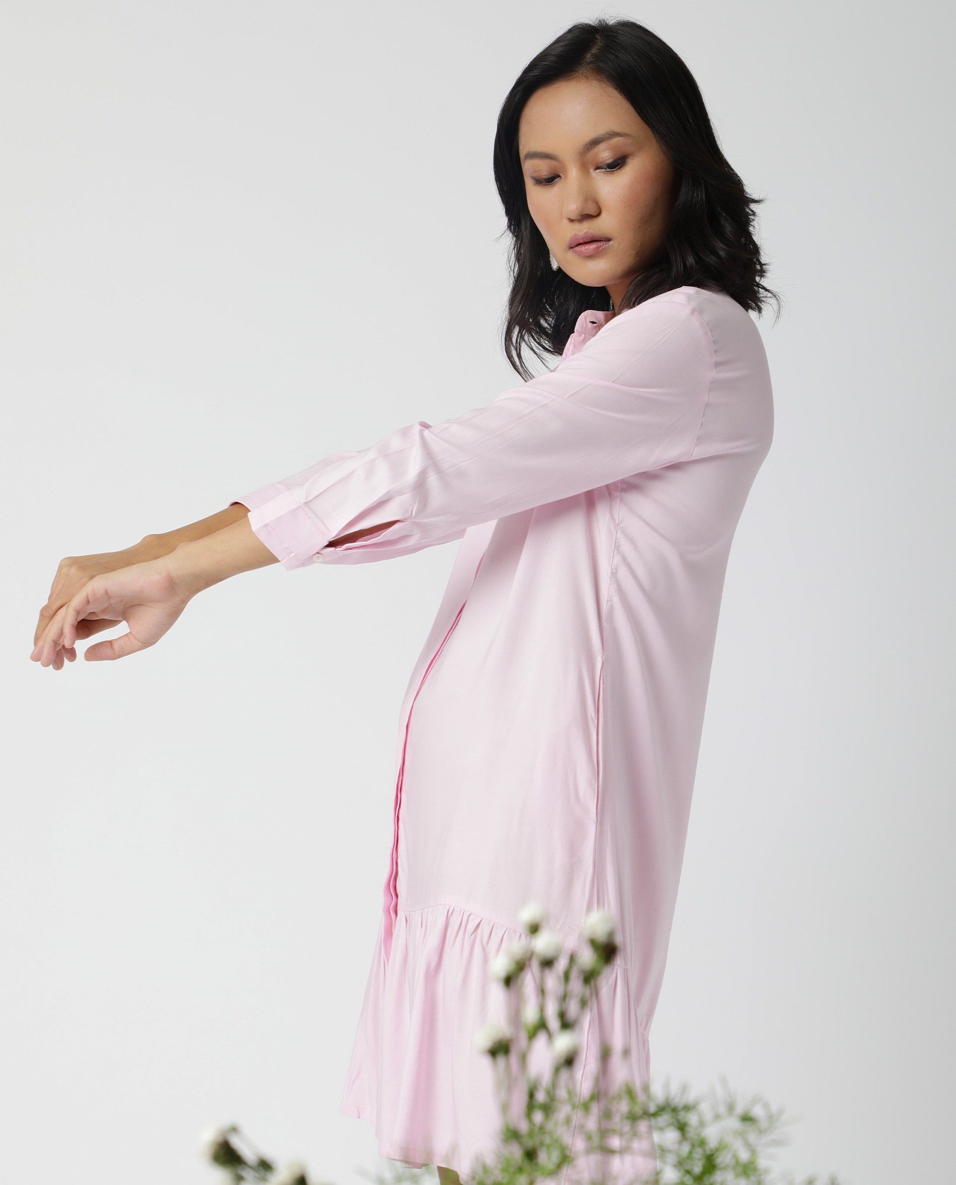 Rareism Women Insert Pink Mandarin Collar 3/4 Sleeves Front Full Button Closure Placket Tiered Knee Length Dress