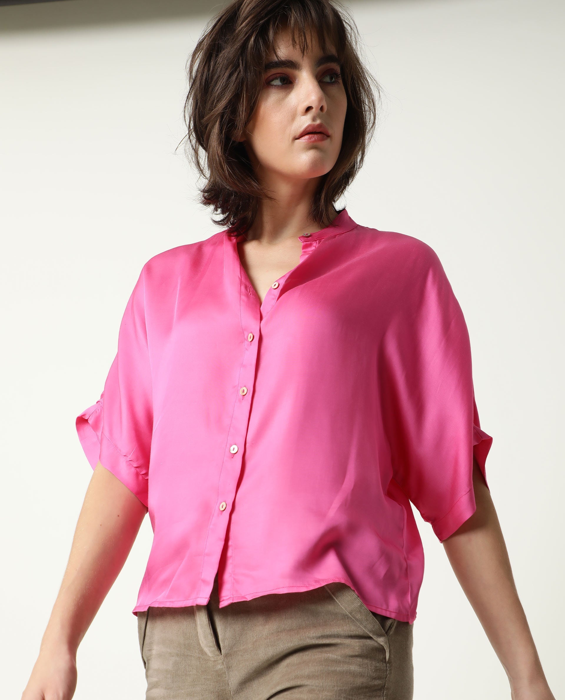 Rareism Womens Paige Pink Top Modal Satin Fabric Regular Fit Kimono Sleeve Mandarin Neck