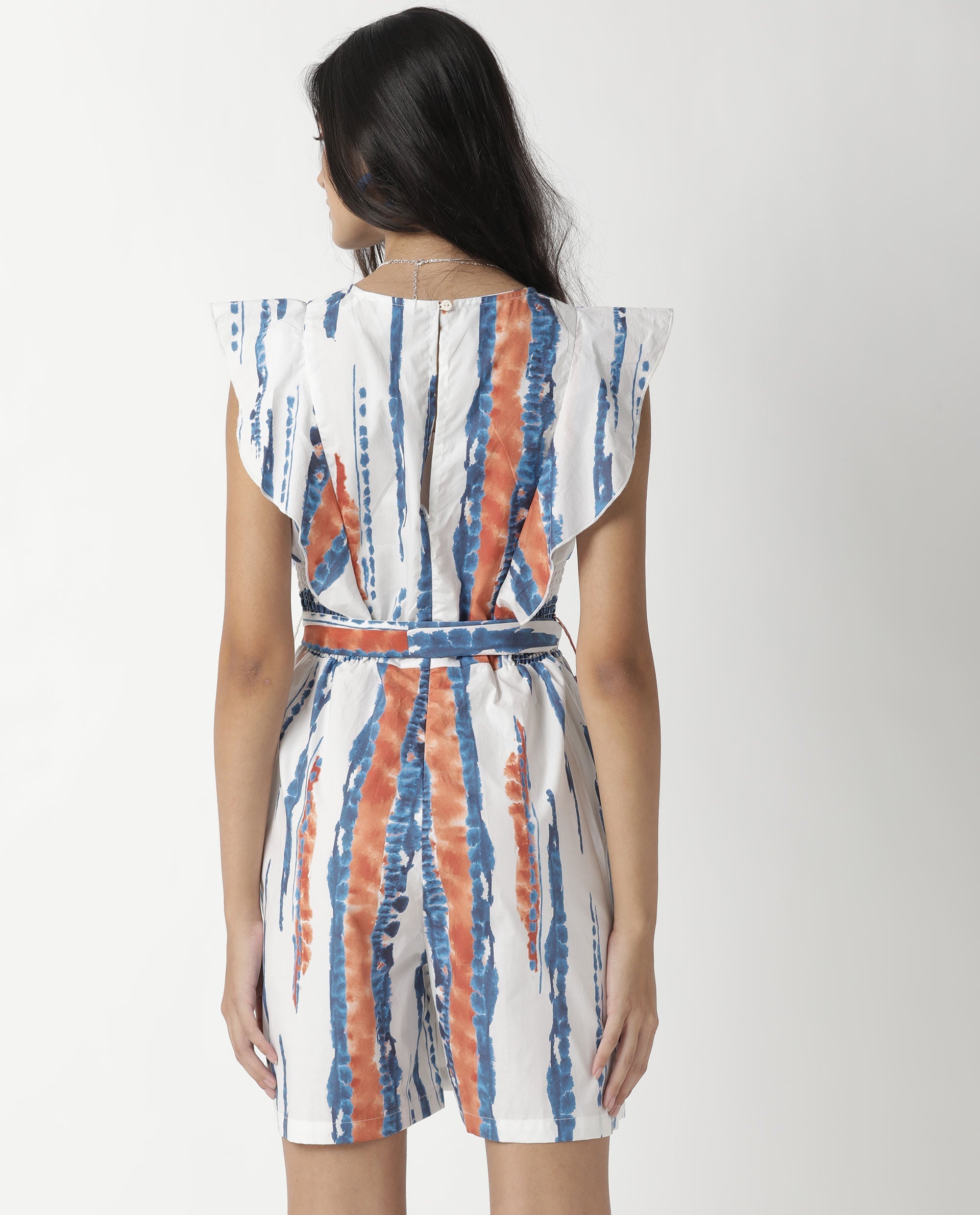Rareism Women's Camera Offwhite Cotton V-Neck Abstract Print Sleeveless Regular Fit Playsuit
