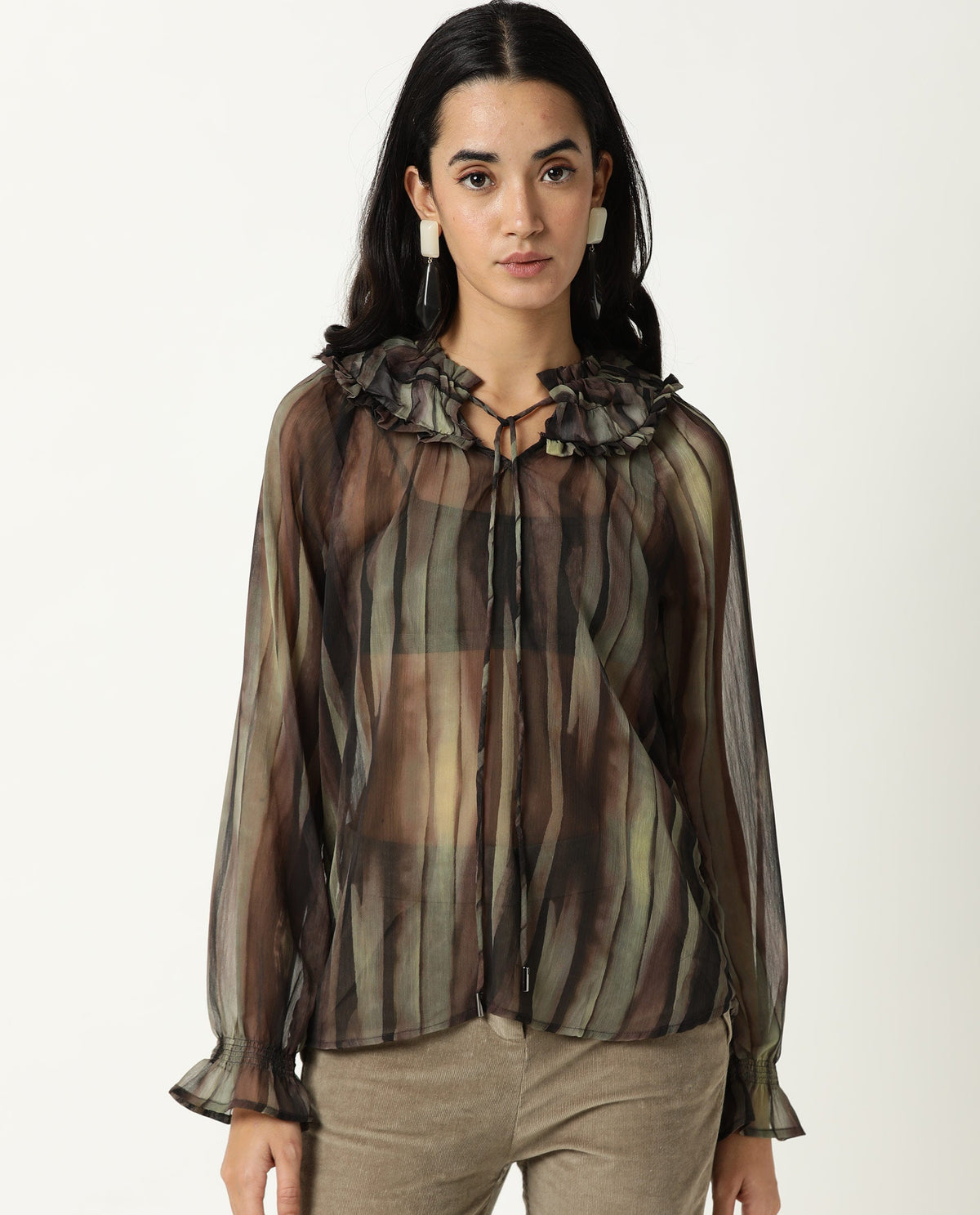 Rareism Womens Kade Green Top Viscose Fabric Loose Fit Extended Sleeves V Neck