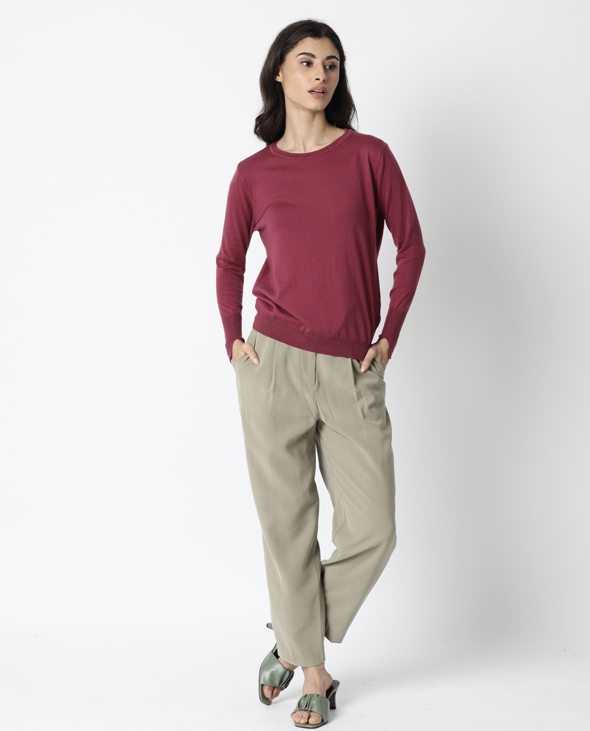 Rareism Women Plum Pink Cotton Fabric Full Sleeves Regular Fit Solid Boat Neck Sweater