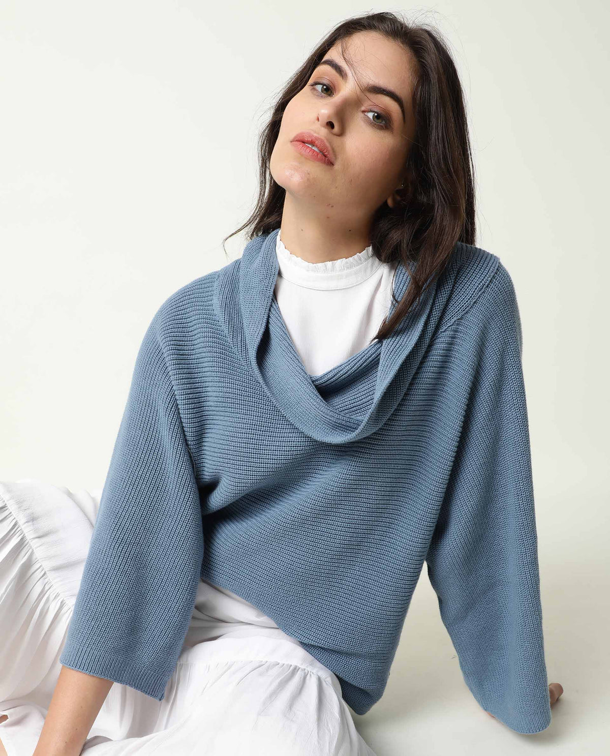 Rareism Women Cleo Blue 3/4Th Sleeves Relaxed Fit Solid Cowl Neck Sweater