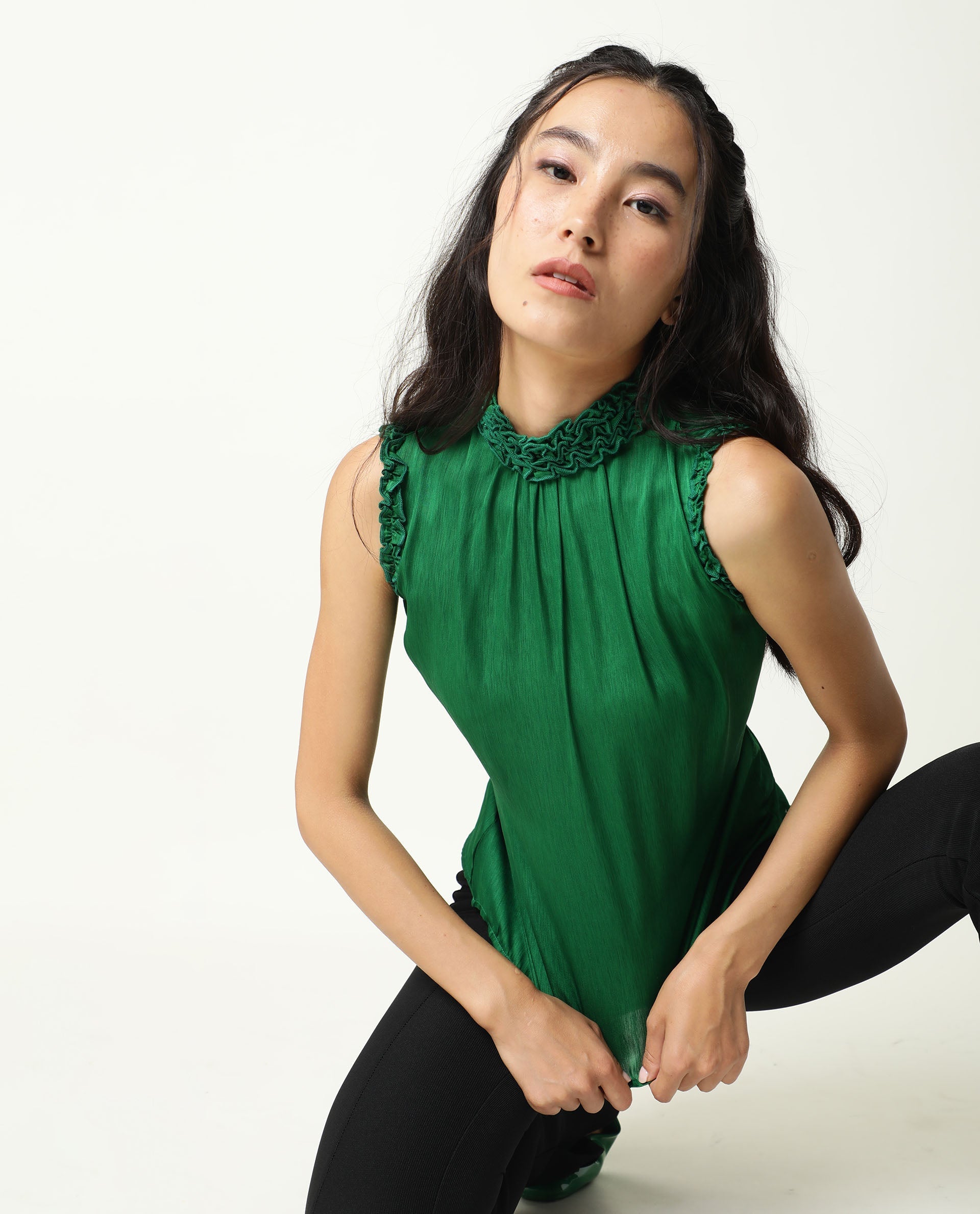 Rareism Womens Baileys Green Top Polyester Fabric Sleeveless Ruffled Neck