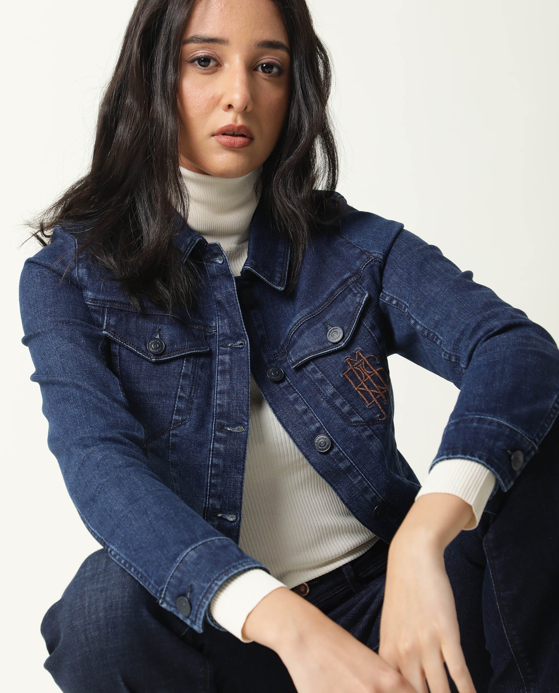 Rareism Women Misso Dark Blue Cotton Lycra Fabric Full Sleeves Solid Shirt Collar Jacket