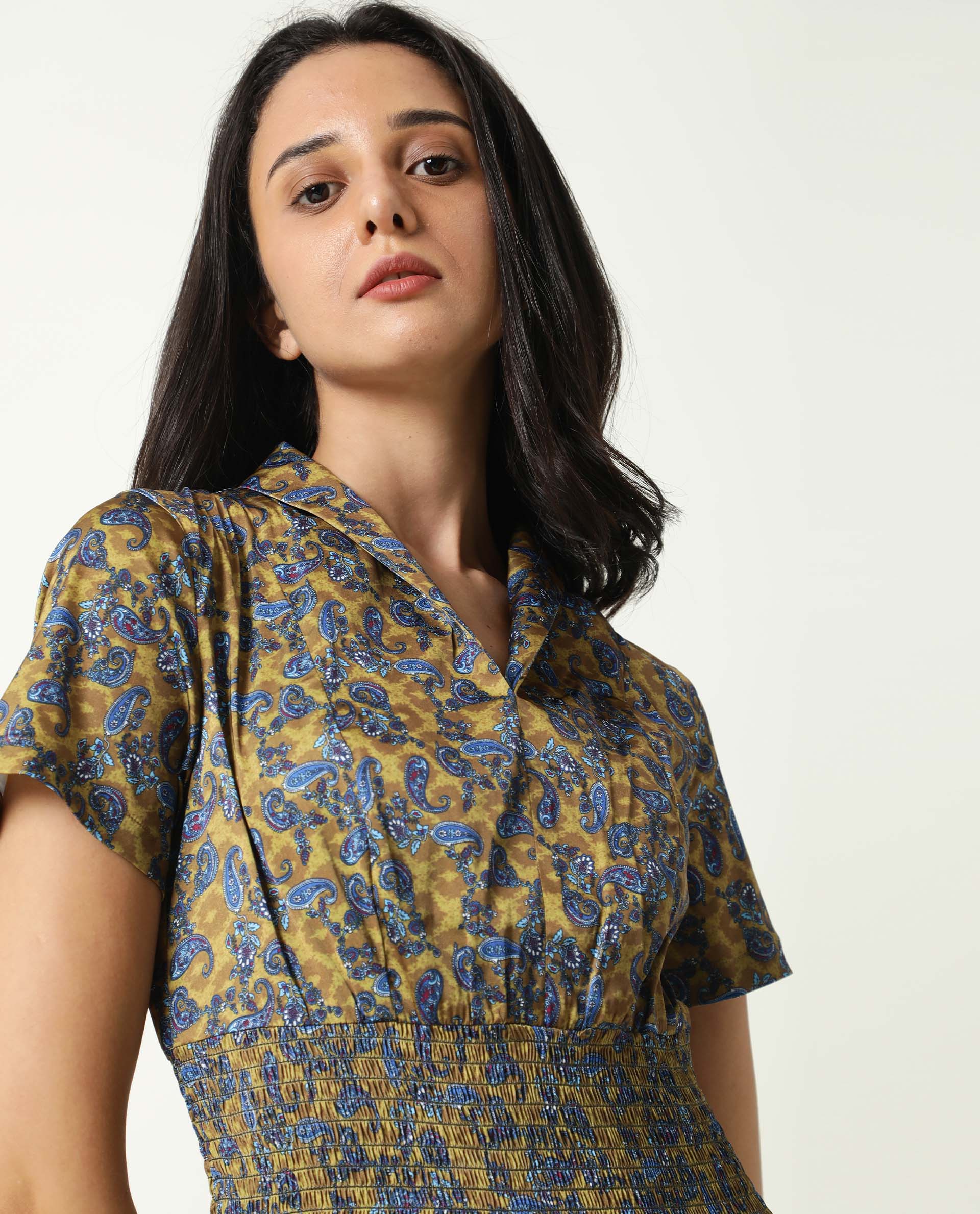 Rareism Women's Joss-Olive Modal V-Neck Abstract Print Mini Regular Fit Dress