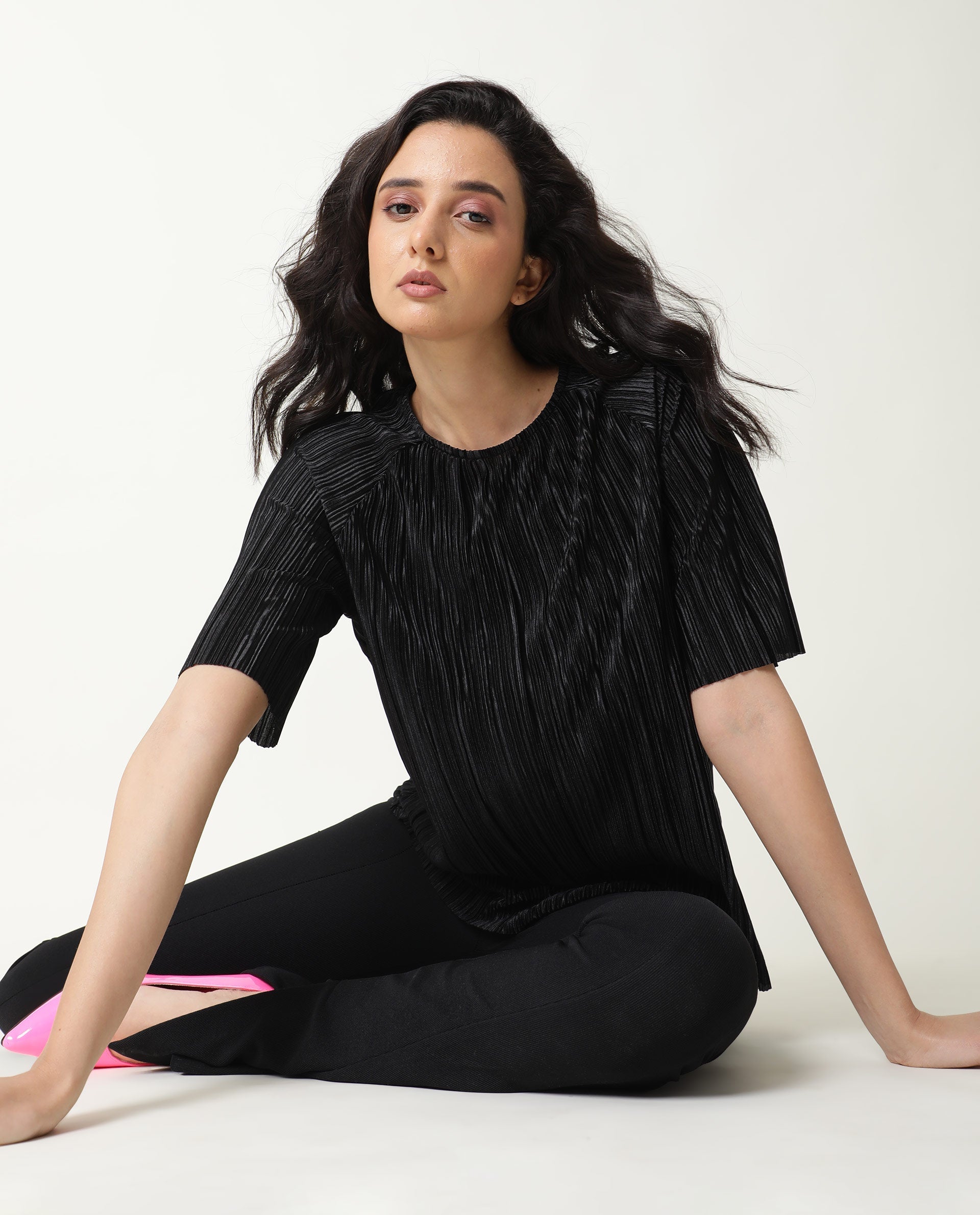 Rareism Women Shory Black Top Polyester Fabric Full Sleeves Solid