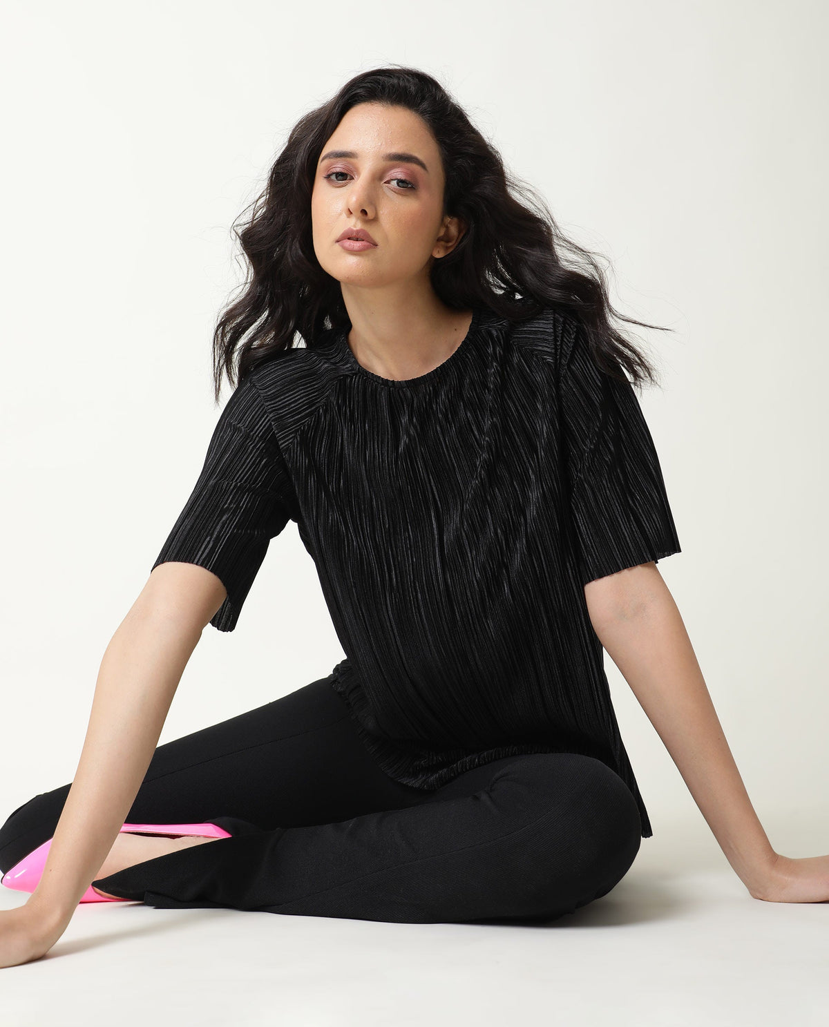Rareism Women Shory Black Top Polyester Fabric Full Sleeves Solid