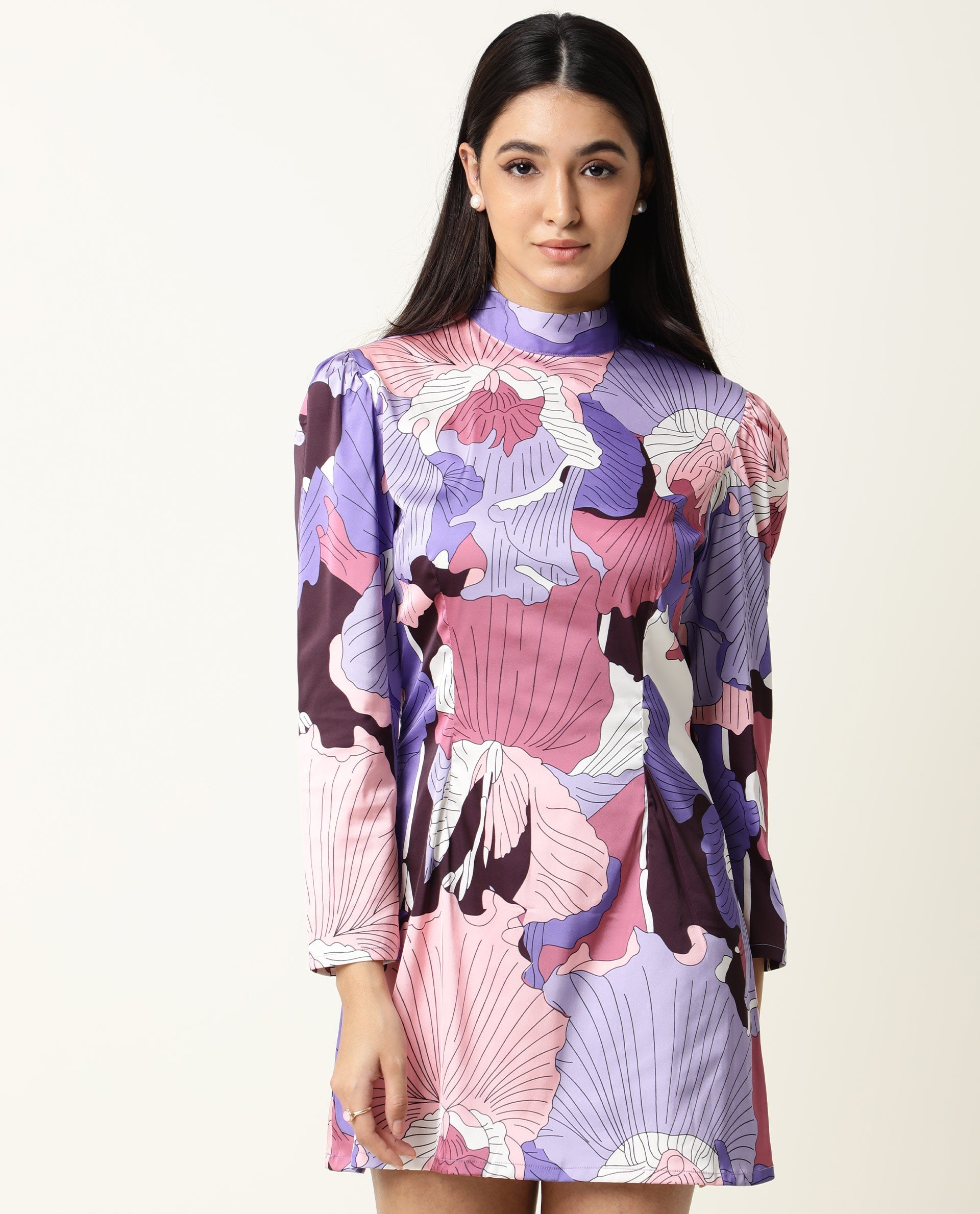 Rareism Women's Mylah Multi High Neck Floral Print Knee Length Regular Fit Dress