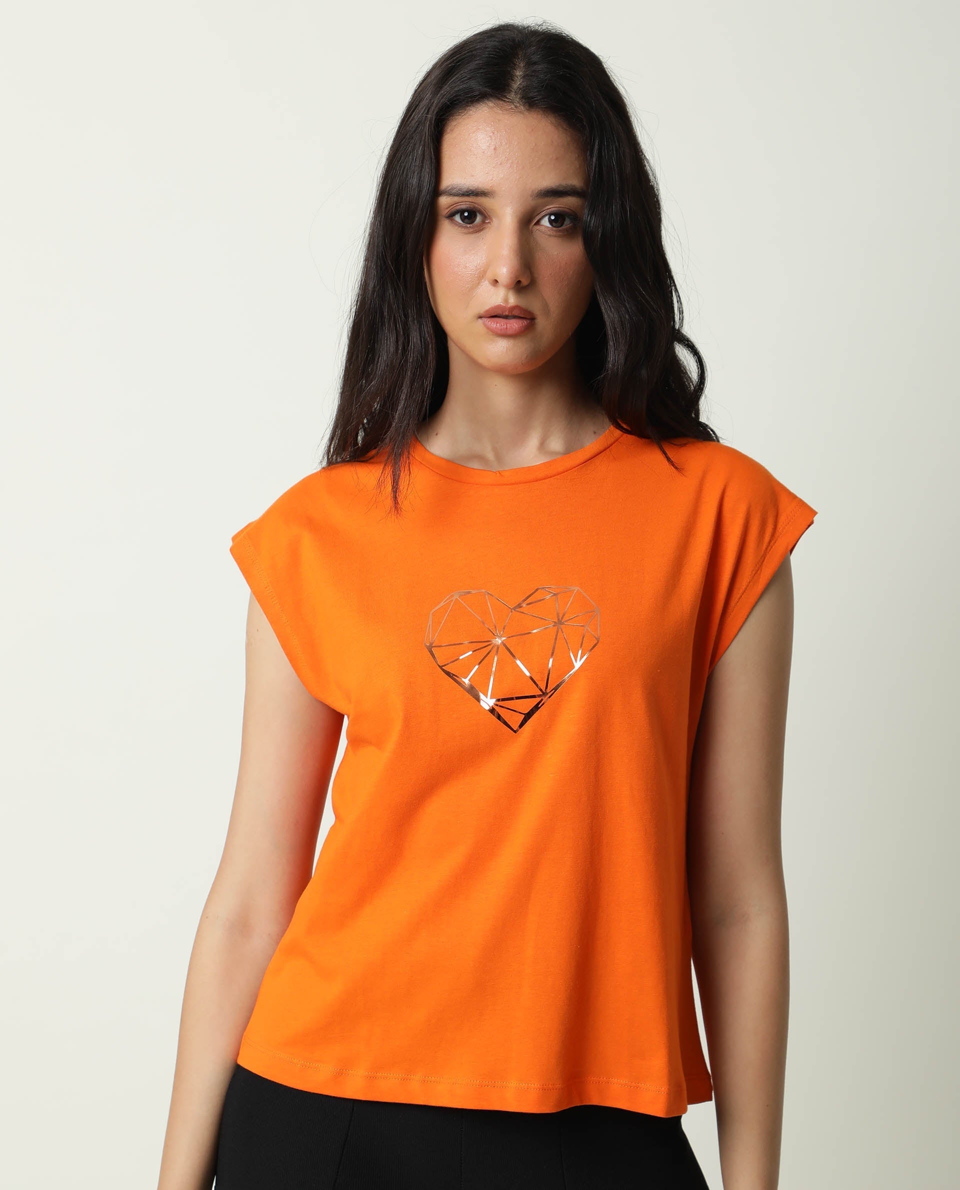 Rareism Women Race Orange Cotton Fabric Regular Fit Half Sleeves Graphic Print Round Neck T-Shirt