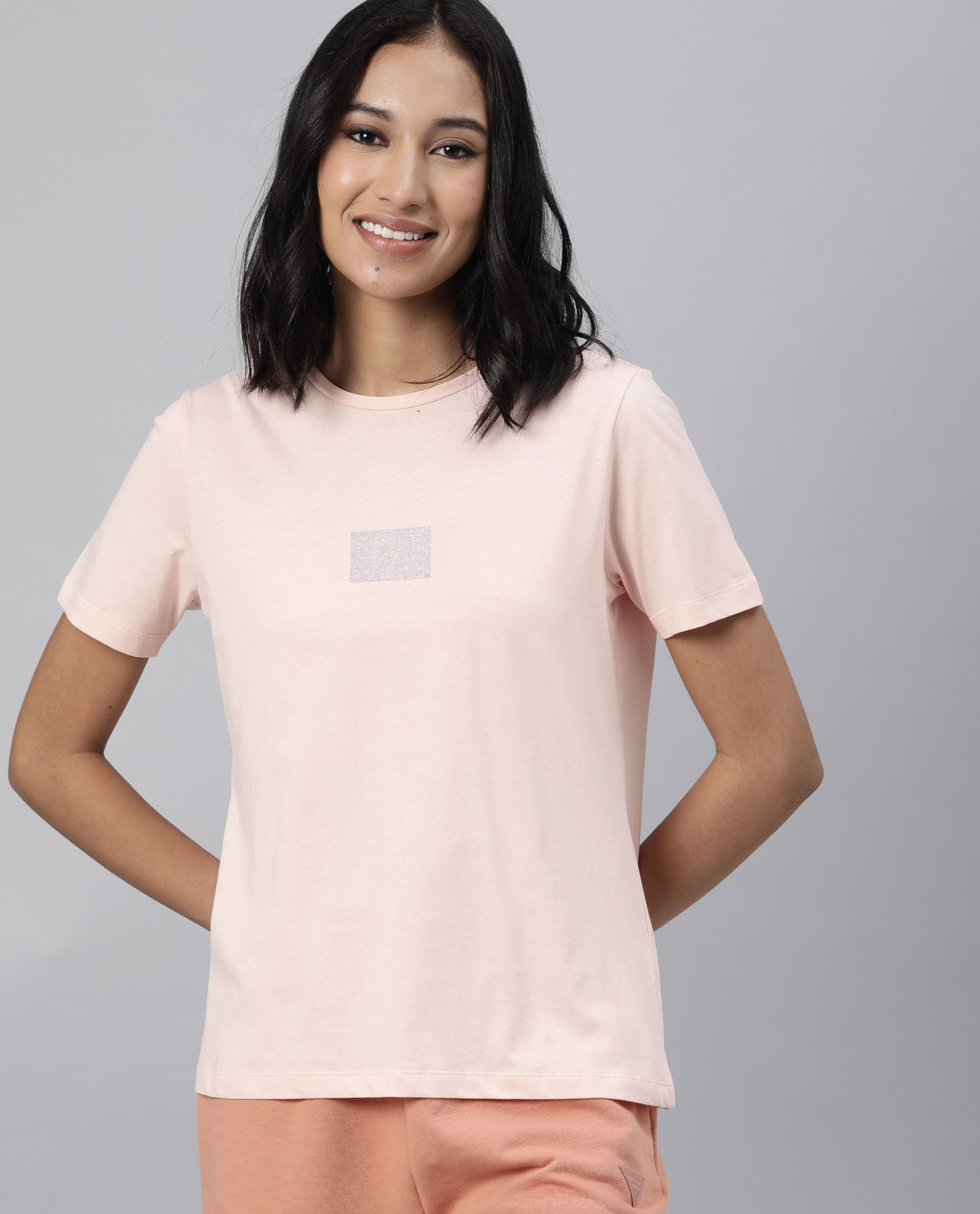 Rareism Women Luani Light Peach Cotton Fabric Regular Fit Half Sleeves Graphic Print Round Neck T-Shirt