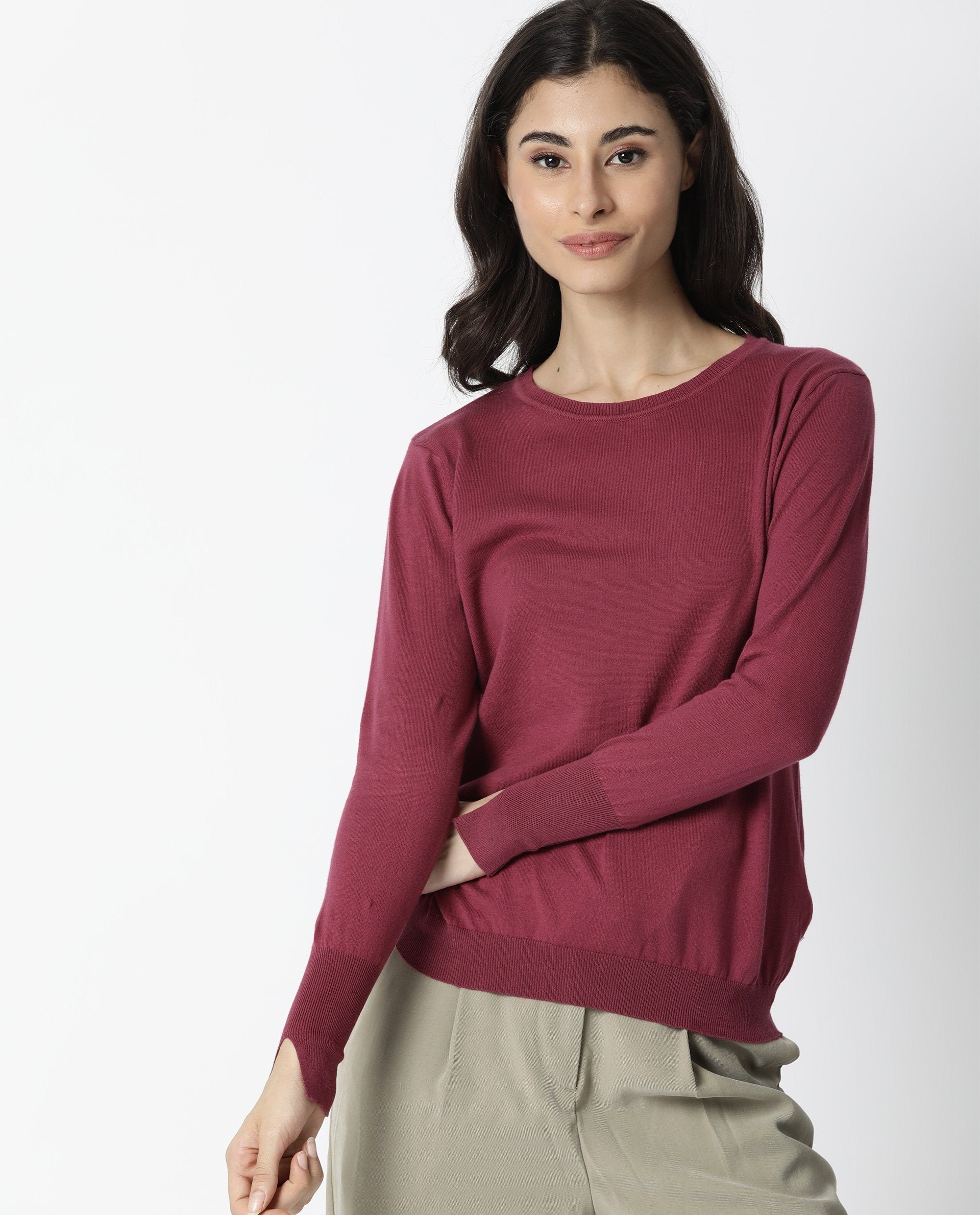 Rareism Women Plum Pink Cotton Fabric Full Sleeves Regular Fit Solid Boat Neck Sweater