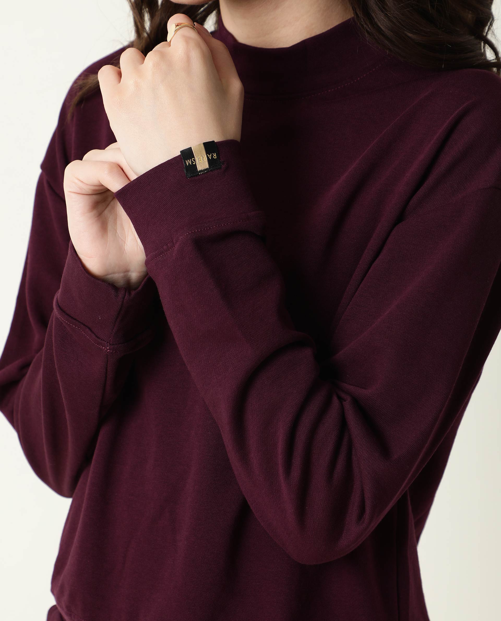 Rareism Women Hectare Dark Purple Cotton Poly Fabric Relaxed Fit Full Sleeves Solid High Neck Sweatshirt