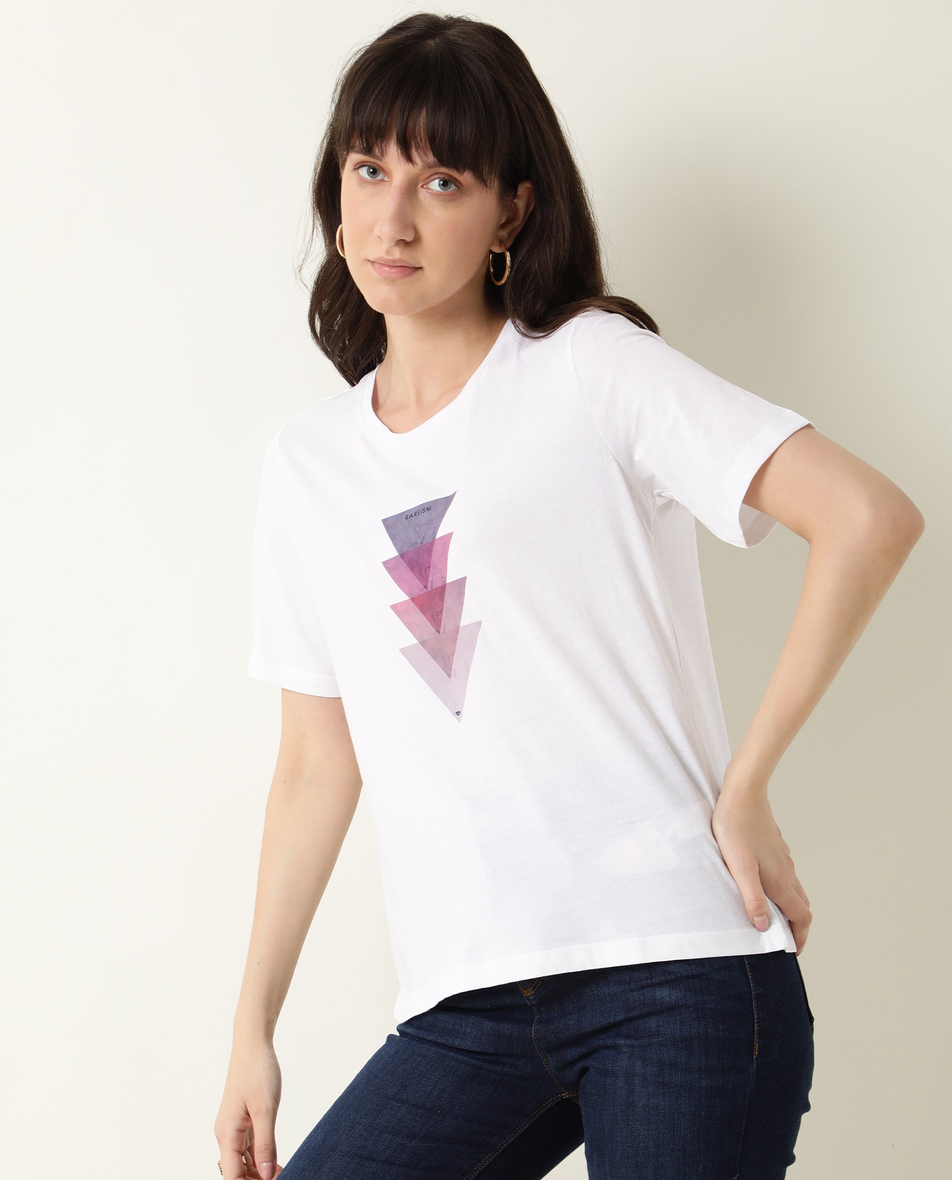 Rareism Womens Basic Tee 3 White T-Shirt Cotton Fabric Fitted Fit Short Sleeve Round Neck