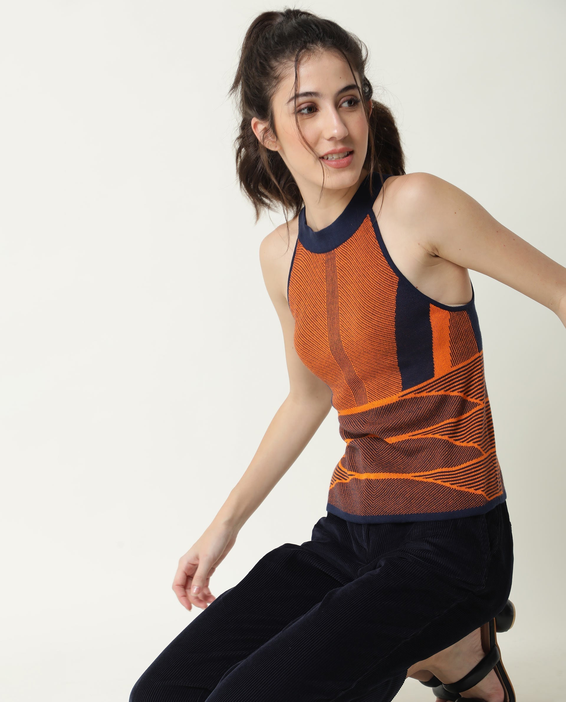Rareism Women Lila Orange Cotton Fabric Sleeveless Regular Fit Abstract Print Halter Neck Sweater
