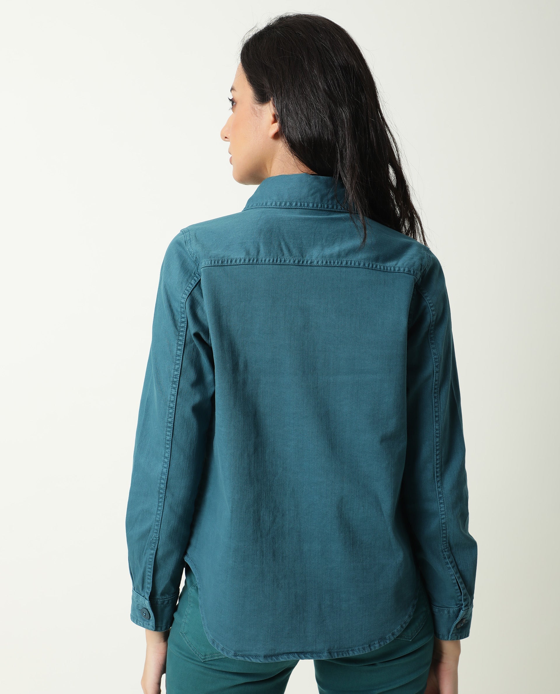 Rareism Women Mission Petrol Cotton Lycra Fabric Full Sleeves Solid Shirt Collar Jacket
