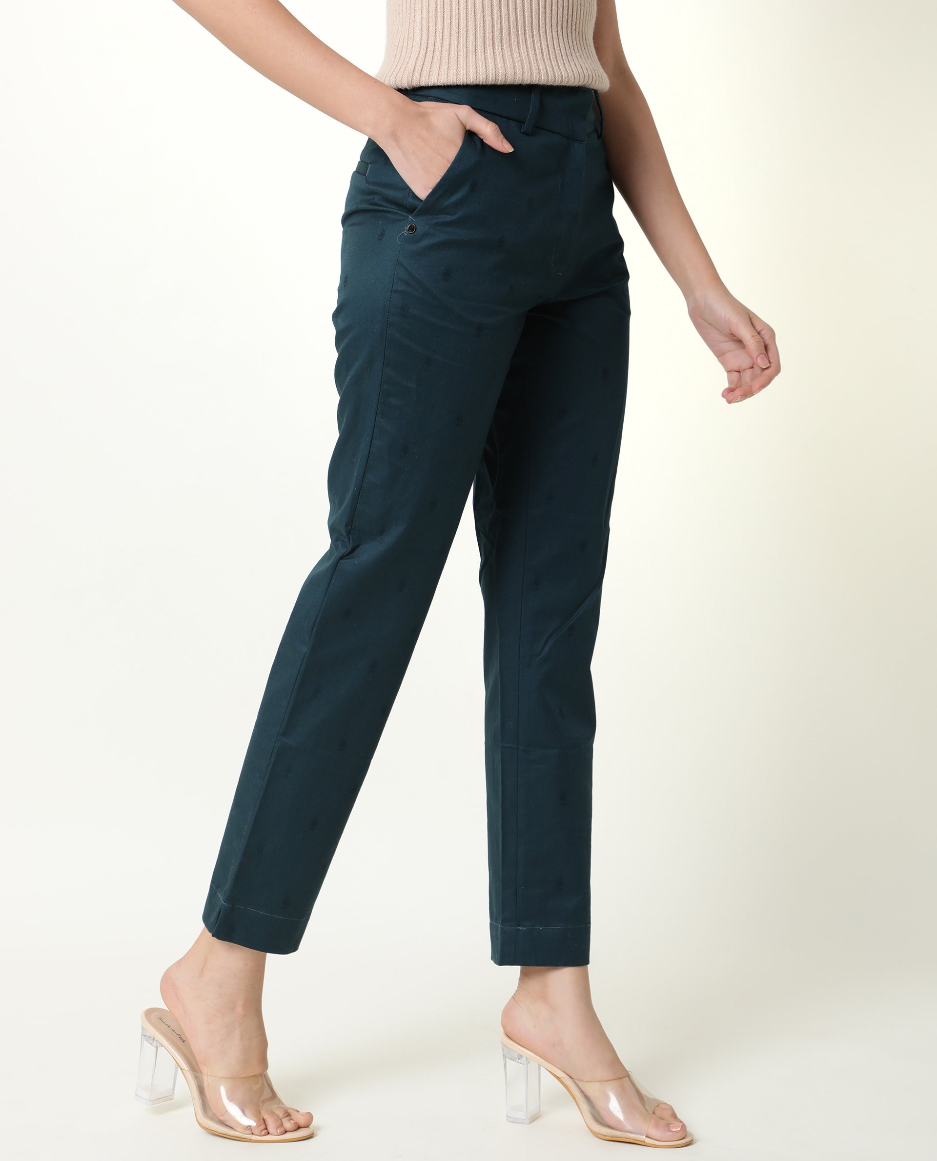 Rareism Women's Odyssey Petrol Viscose Plain Ankle Length Tailored Trouser