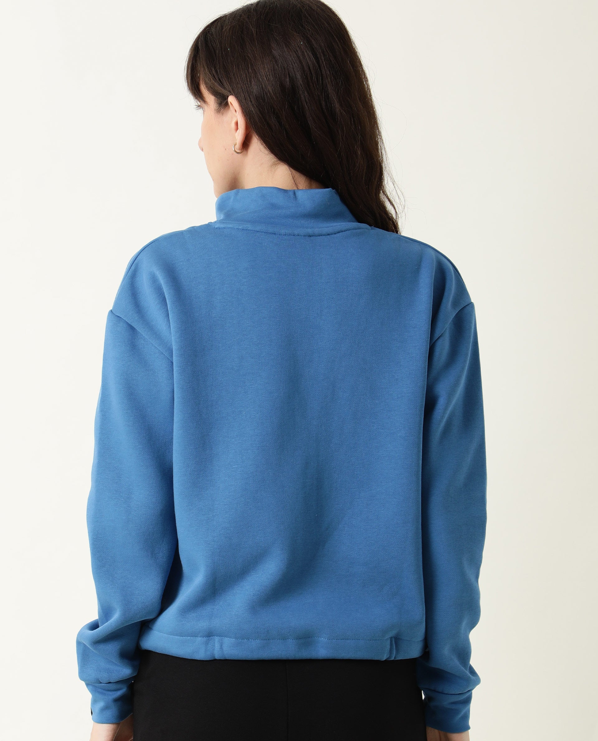 Rareism Women Taffy-1 Blue Relaxed Fit Full Sleeves Solid High Neck Sweatshirt