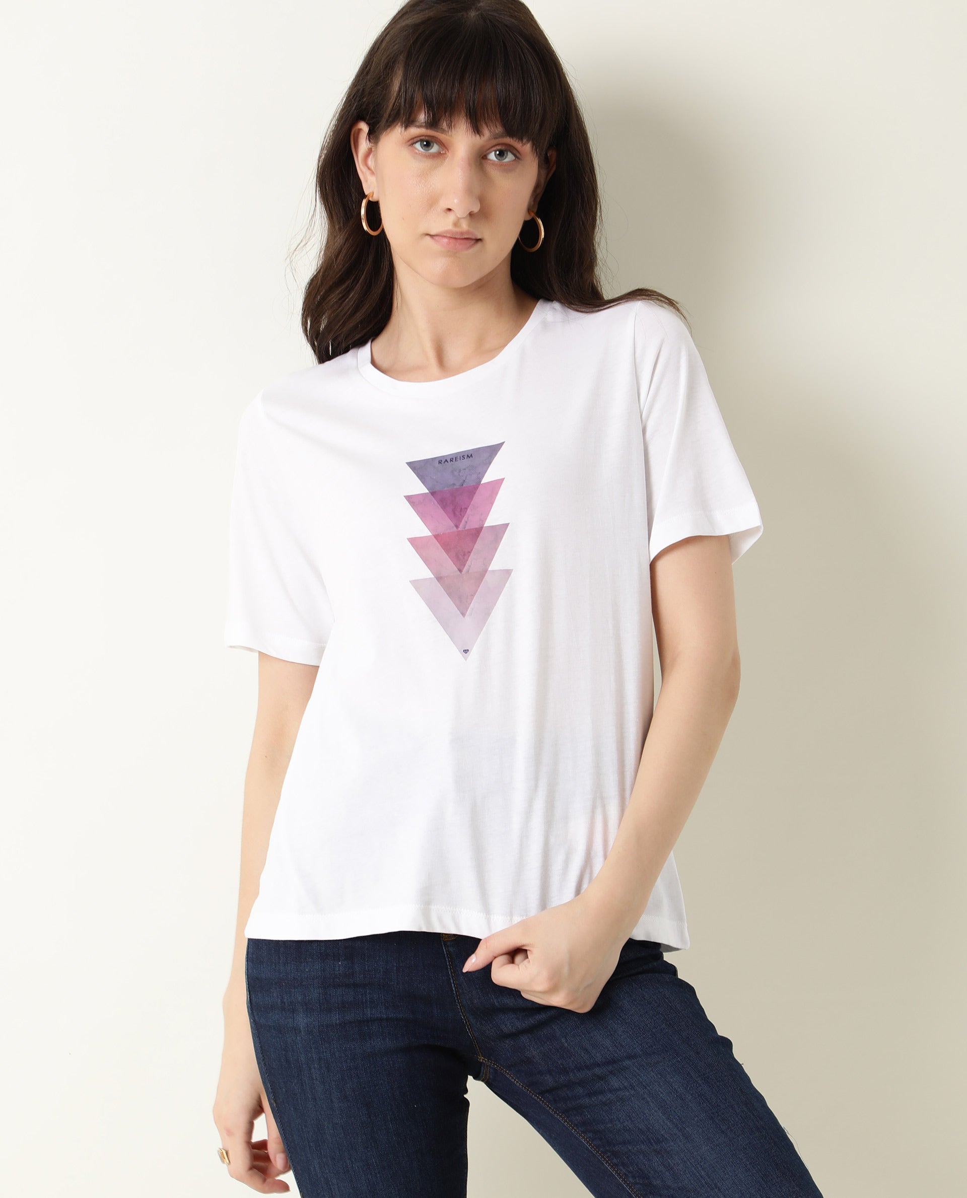 Rareism Womens Basic Tee 3 White T-Shirt Cotton Fabric Fitted Fit Short Sleeve Round Neck