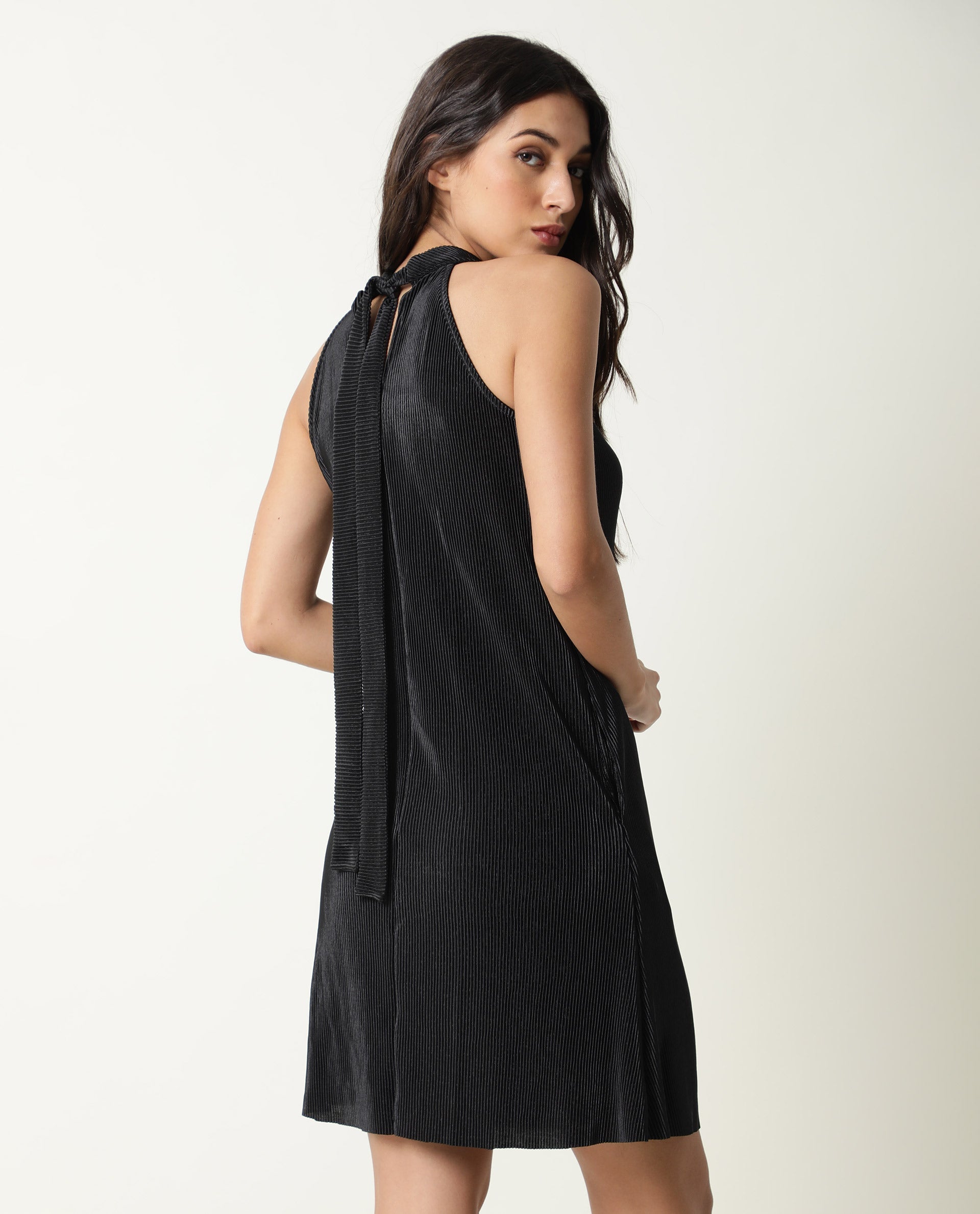 Rareism Womens Petroit Black Dress Polester Fabric Regular Fit Sleeveless Halter Neck