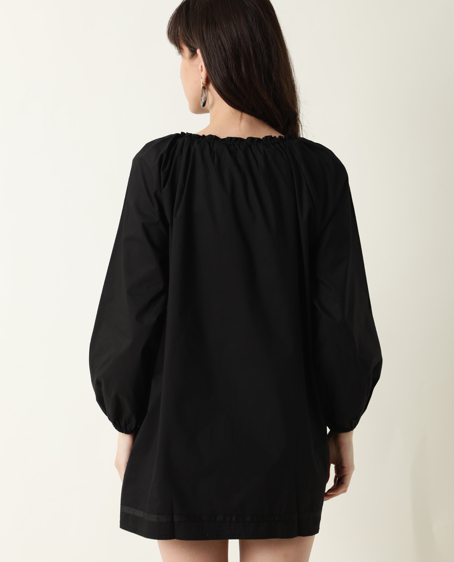 Rareism Women Sapie Black Gathered Neckline With Tie Up Full Sleeves And Pockets Mini Dress