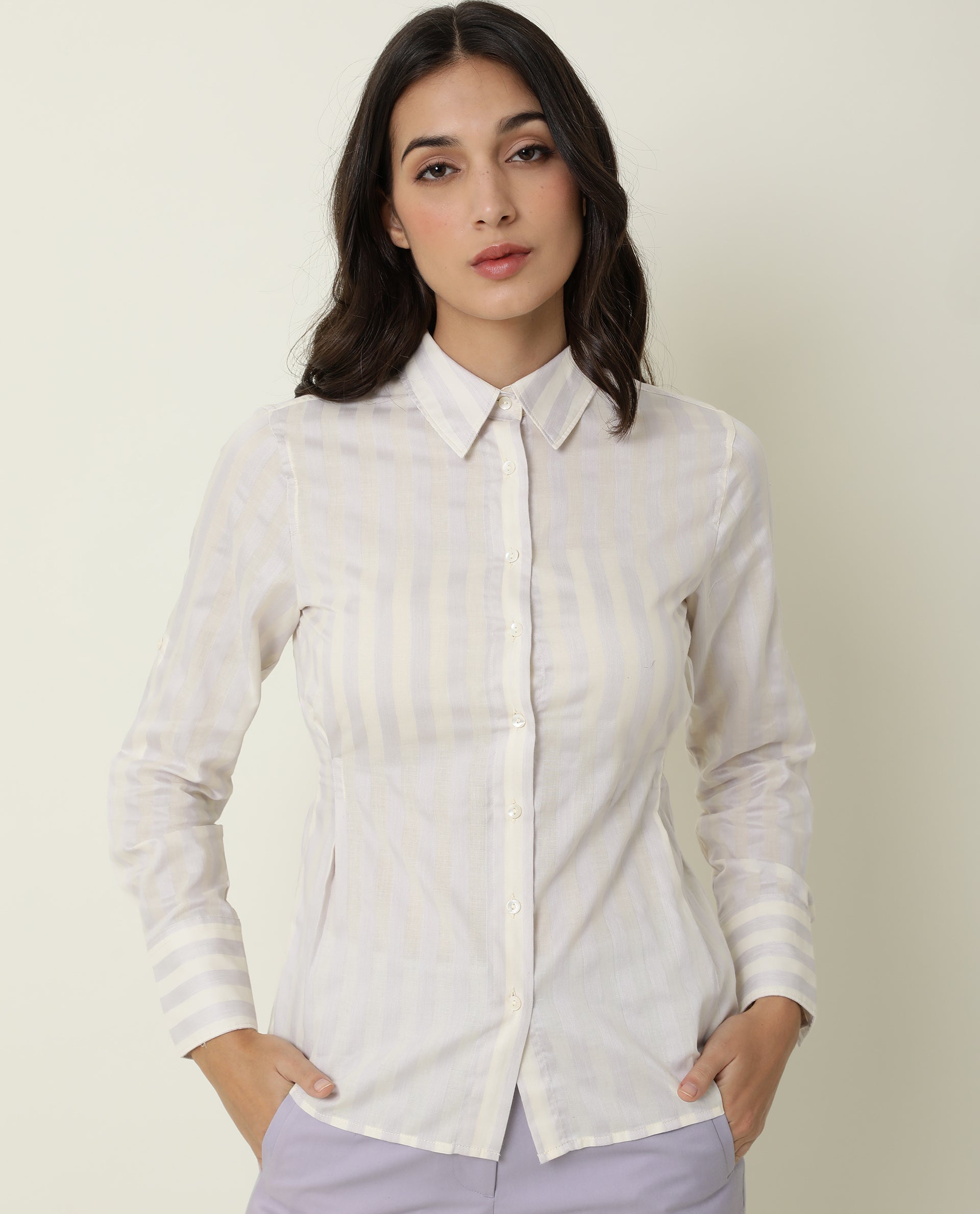 Rareism Women Pickle Yellow Cotton Fabric Regular Fit Shirt Collar Full Sleeves Striped Top