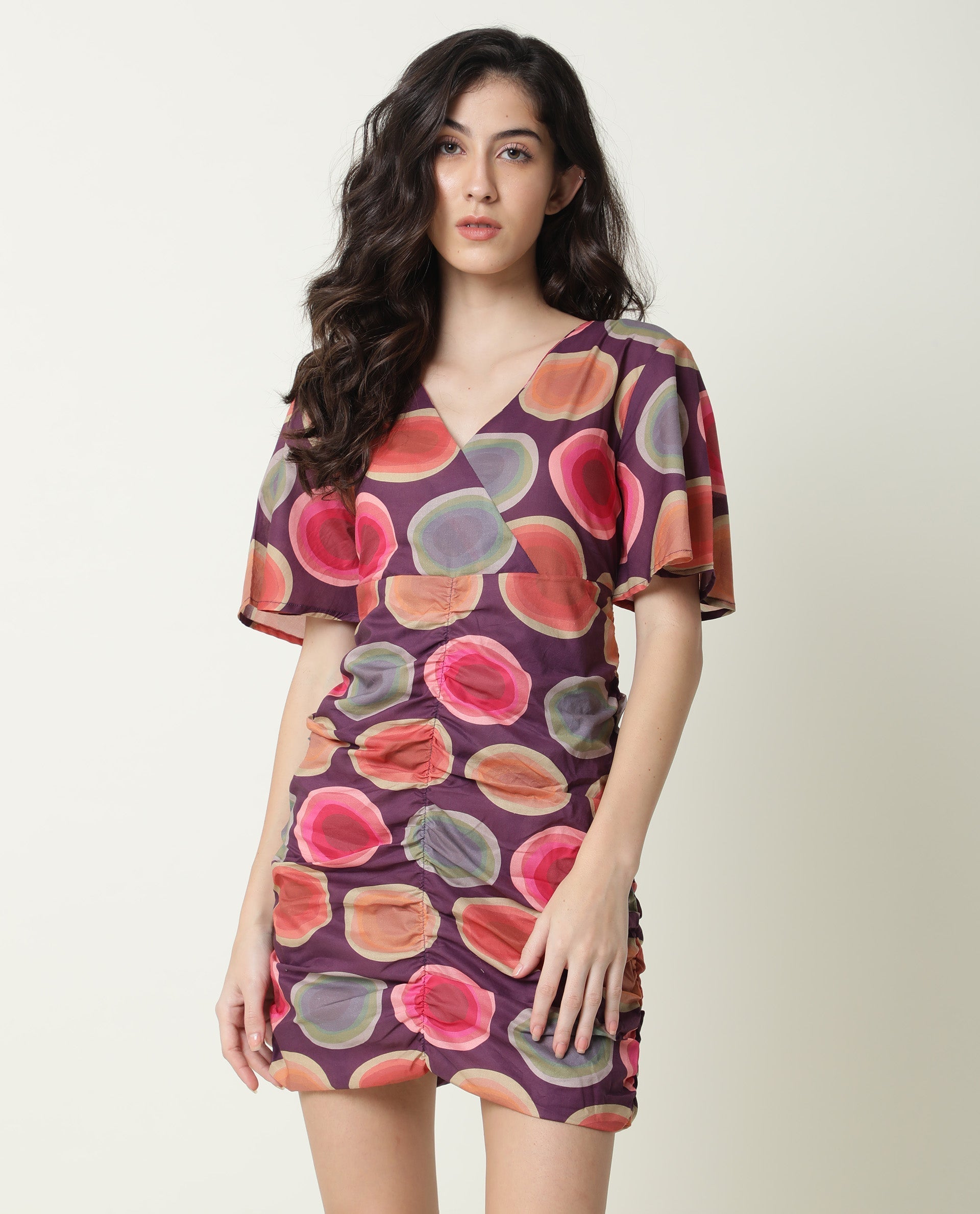 Rareism Women's Anjou Purple Cotton V-Neck Abstract Print Knee Length Regular Fit Dress
