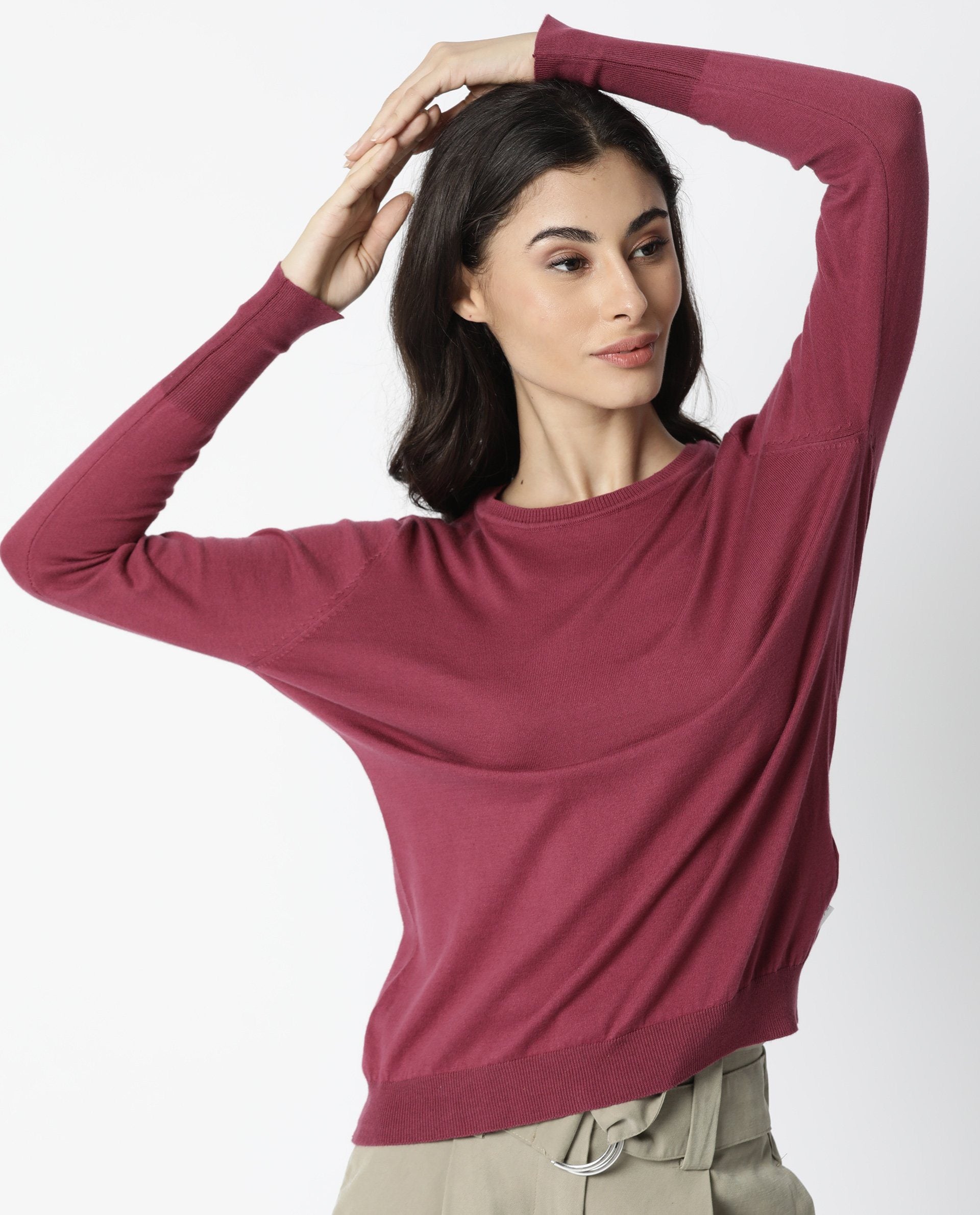 Rareism Women Plum Pink Cotton Fabric Full Sleeves Regular Fit Solid Boat Neck Sweater