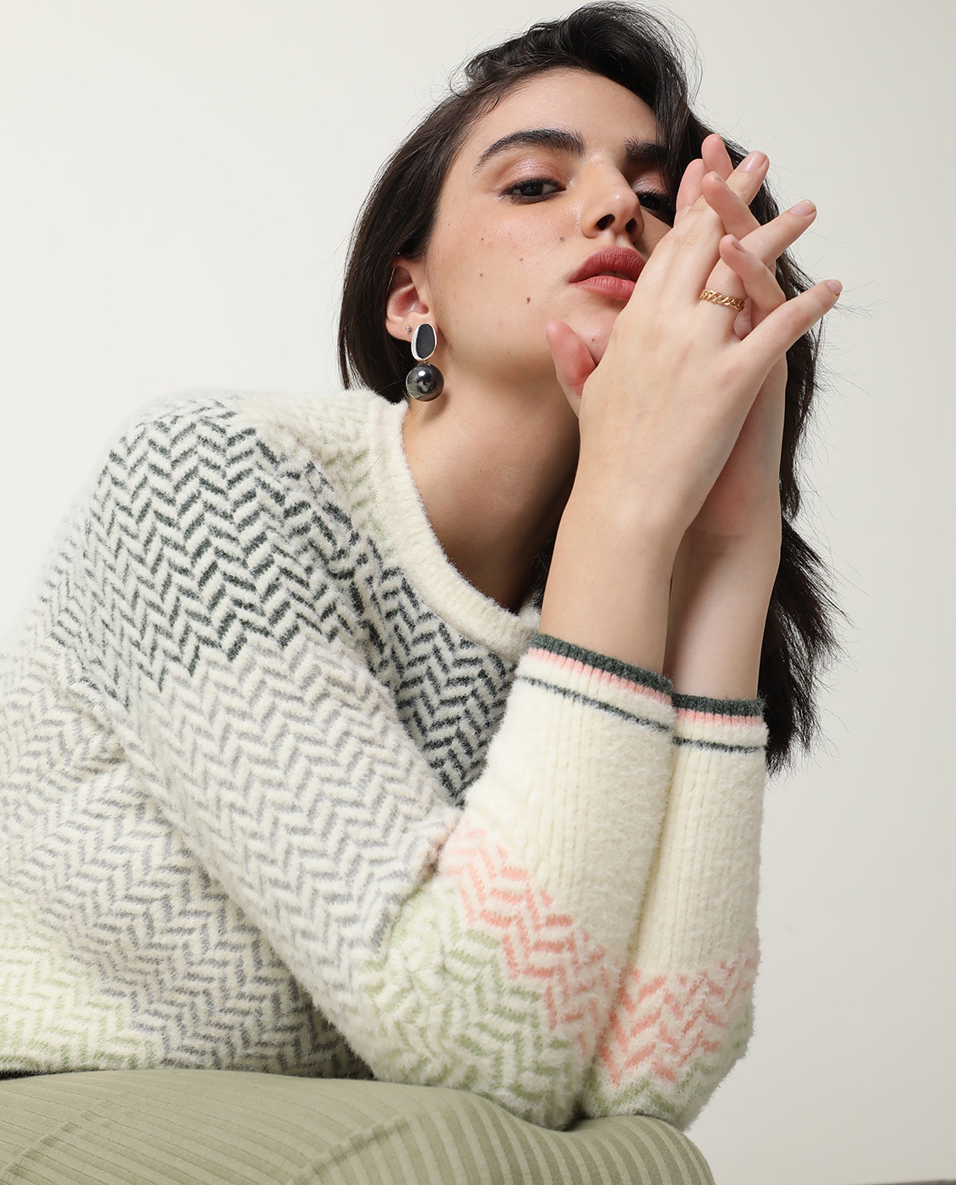 Rareism Women Herring Off White Nylon Fabric Full Sleeves Knee Length Regular Fit Color Blocked Round Neck Sweater