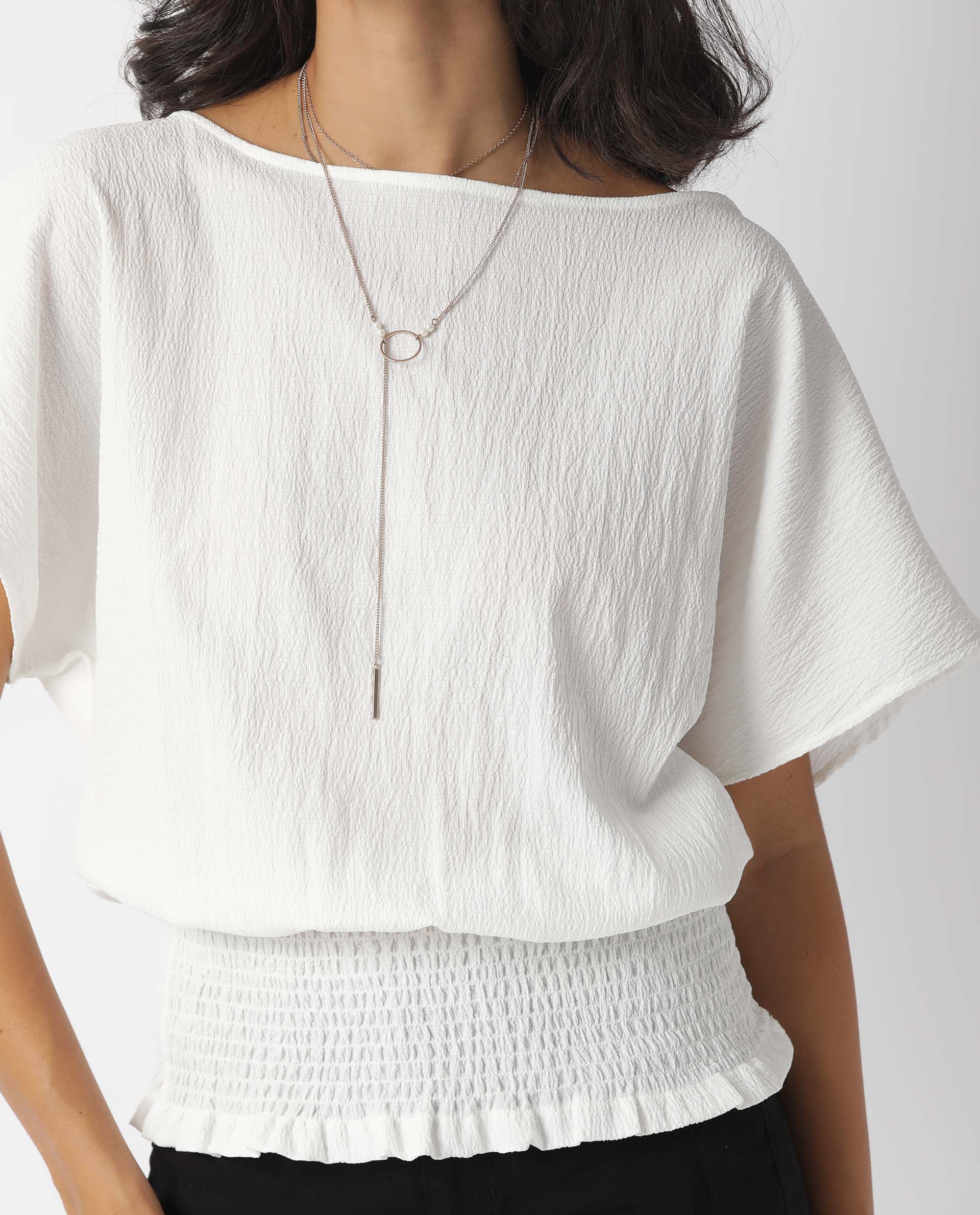 Rareism Womens Battle White Top Viscose Fabric Regular Fit Puff Sleeves Round Neck