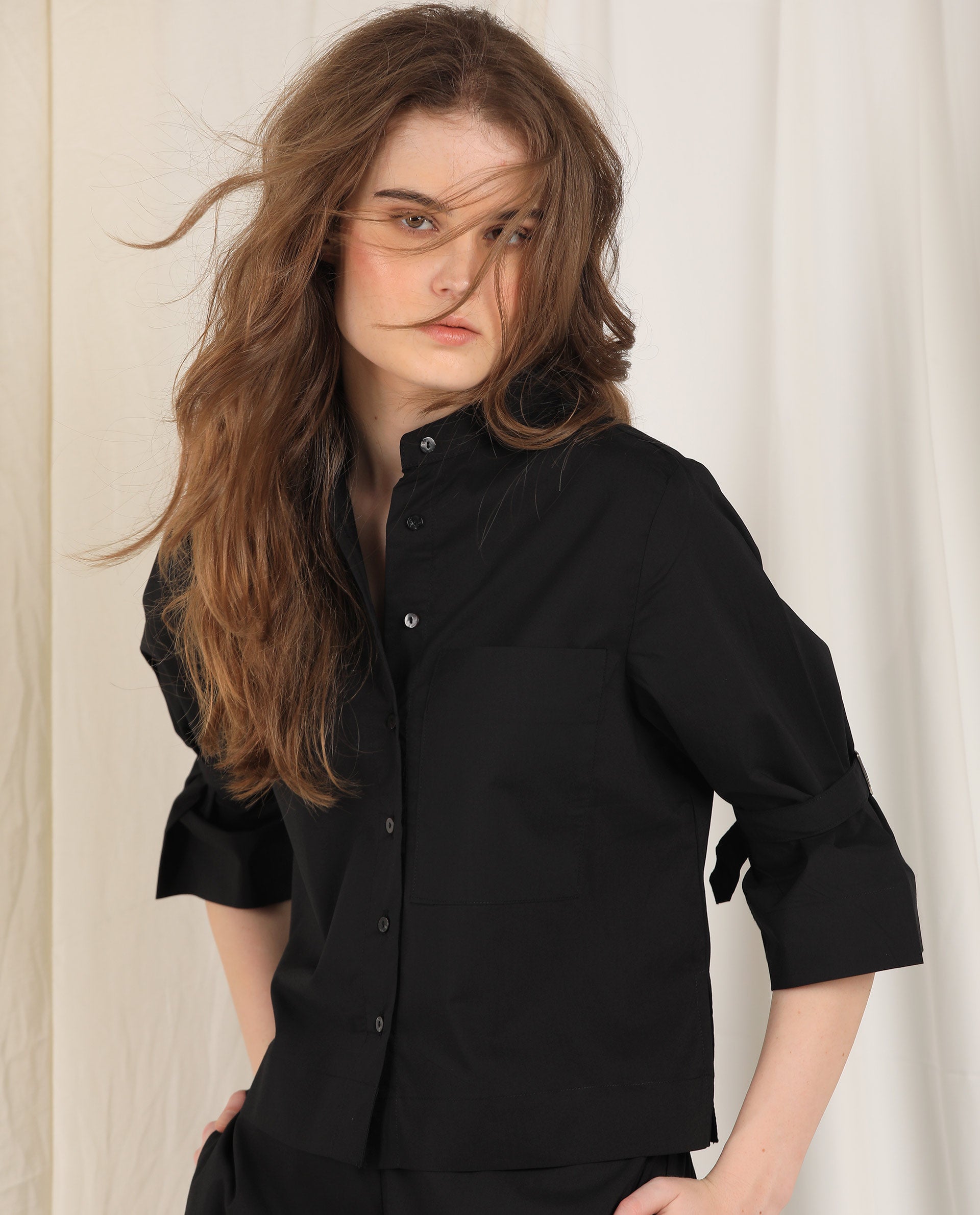 Rareism Women's Sendai Black Mandarin Collar Plain Knee Length Regular Fit Top